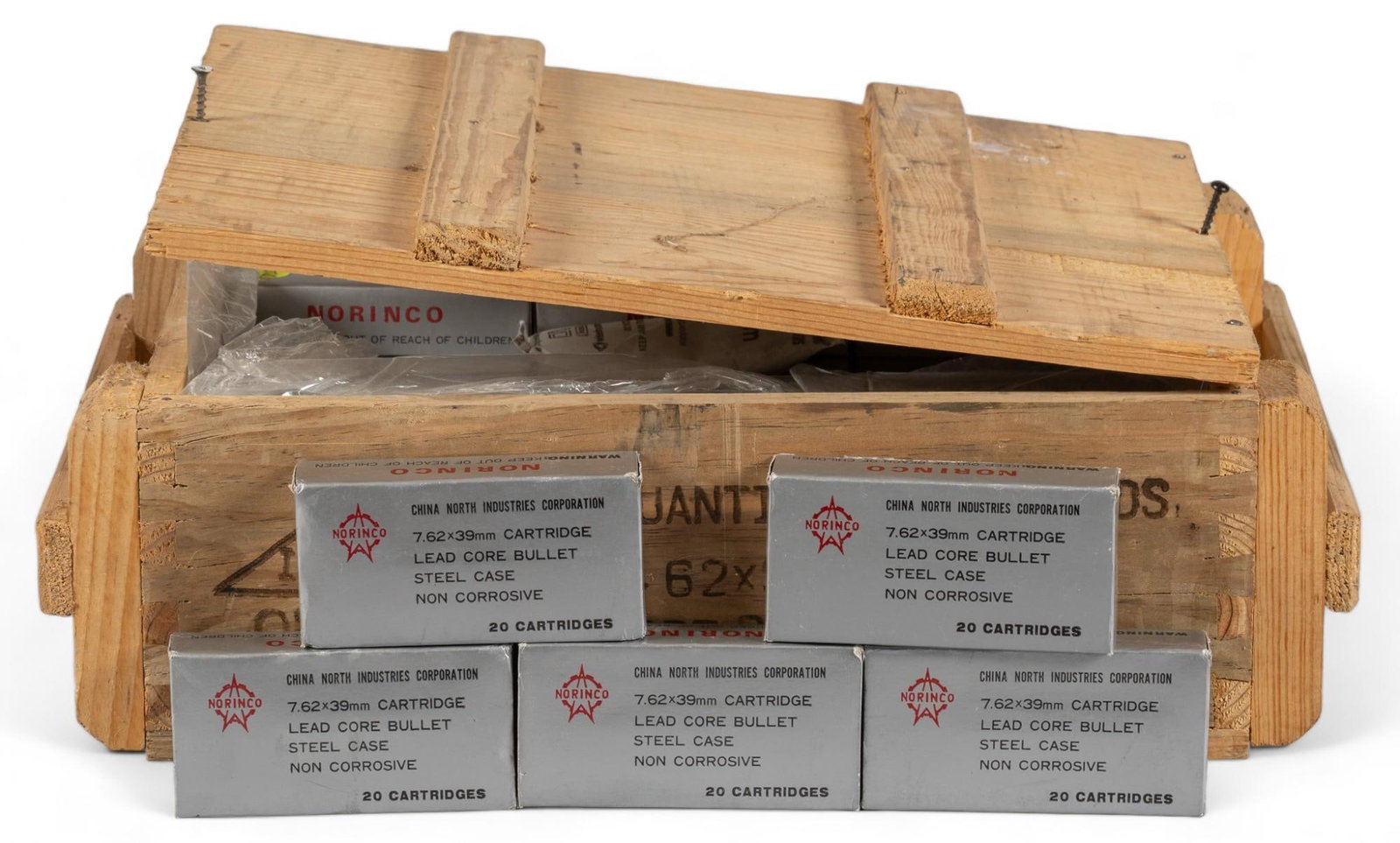 1180 Rounds of Chinese Norinco 7.62x39 Ammunition: Includes: -1180 rds of Norinco 7.62x39 lead ball ammunition; in wood crate; missing 1 box of 20 rds Provenance: A Shady Shores, Texas estate Shipping available for this lot through our partner 4CL; pl