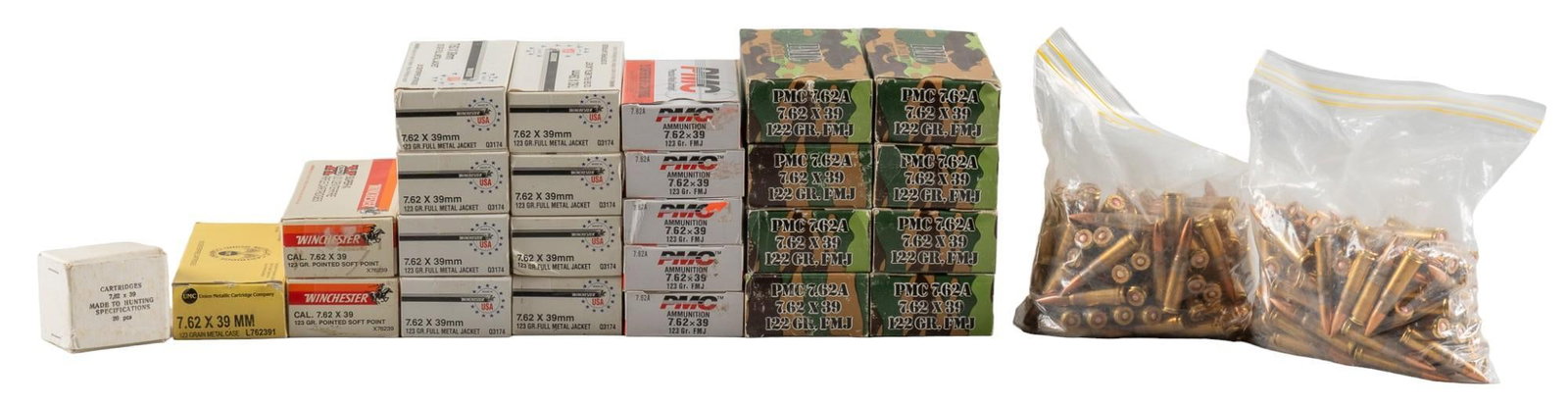 Approx. 1130 Rounds of Mixed 7.62x39 Ammunition: Includes: -400 rds of PMC 122gr. FMJ -90 rds of PMC 123gr. FMJ -360 rds of Winchester 123gr. FMJ -20 rds of Remington UMC 123gr. MC -40 rds of Winchester 123gr. PSP -20 rds of Russian Hunting specs HP