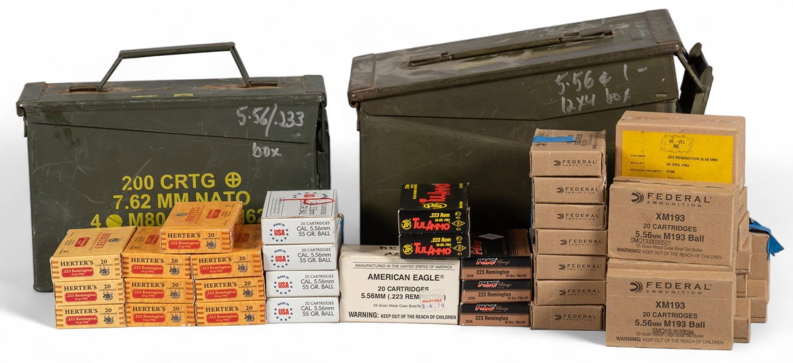 Approx. 660 Rounds of Mixed 5.56/223 Rem Ammunition: Includes: -200 rds of Herter's .223 rem 55gr -40 rds of TULAMMO .223 rem 55gr steel case -160 rds of Federal XM193 5.56 55gr -40 rds of Winchester 5.56 55gr -40 rds of American Eagle 5.56 55gr -50
