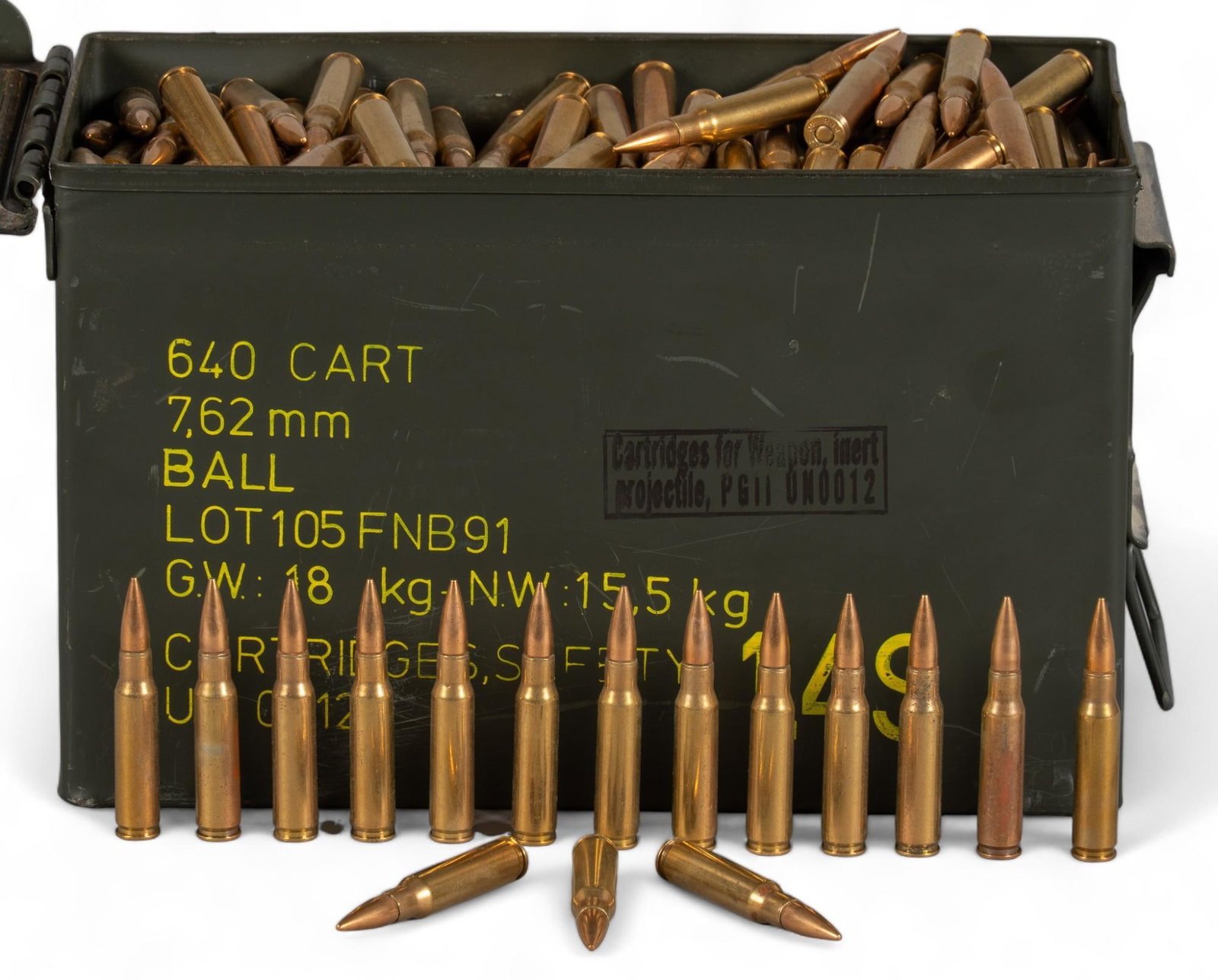 Approx. 640 Rounds of Belgian 7.62 NATO Ammunition: Includes: -640 rds of FN Belgium 7.62 NATO Provenance: An Austin, Texas Estate Shipping available for this lot through our partner 4CL; please request a shipping quote at shipping@vogtauction.com 