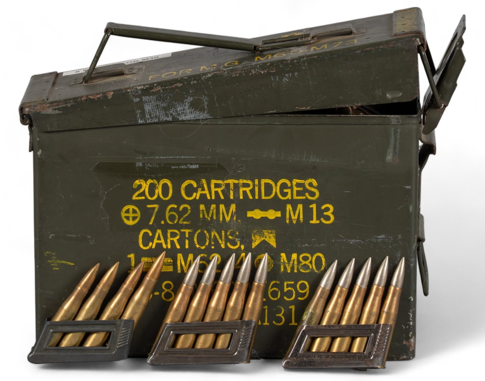 199 Rounds of WWII 1938 Dated 8mm Mauser Ammunition on Clips: Includes: -199 rds of German WWII 1938 8mm Mauser ammunition on 5-rd clips -most are boxed in 2 clip groupings Marked: "VII" / eagle mark -2 clips of Austrian 8mm Mauser (10 rds) Provenance: A