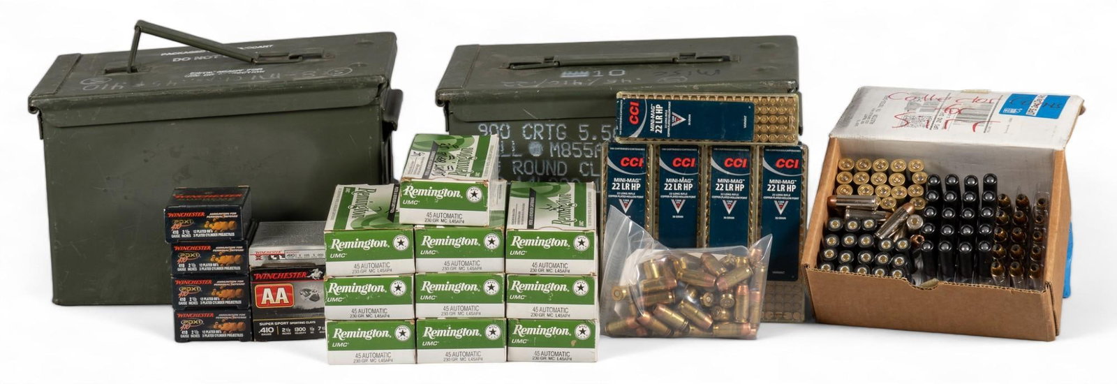 Approx. 721 Rounds of Mixed 45LC/45ACP & 410 Bore Ammunition: Includes: -500 rds of Remington UMC 45 ACP 230gr MC -46 rds of unknown 45 ACP +P in Starline brass -26 rds of Remington 45 Colt Ultimate Defense -9 rds of Winchester 45 Colt (likely PDX1) -20 rds 