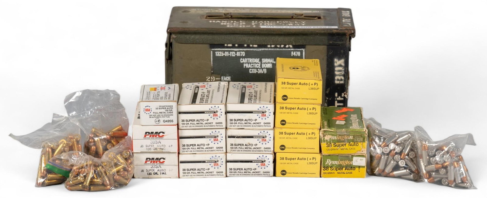 Approx. 900 Rounds of Mixed 38 Super Ammunition: Includes: -350 rds of Winchester +P 130gr. FMJ -200 rds of Remington UMC +P 130gr. MC -100 rds of Remington 130gr. MC -100 rds of PMC +P 130 gr. FMJ -150 rds pf loose Remington +P FMJ 