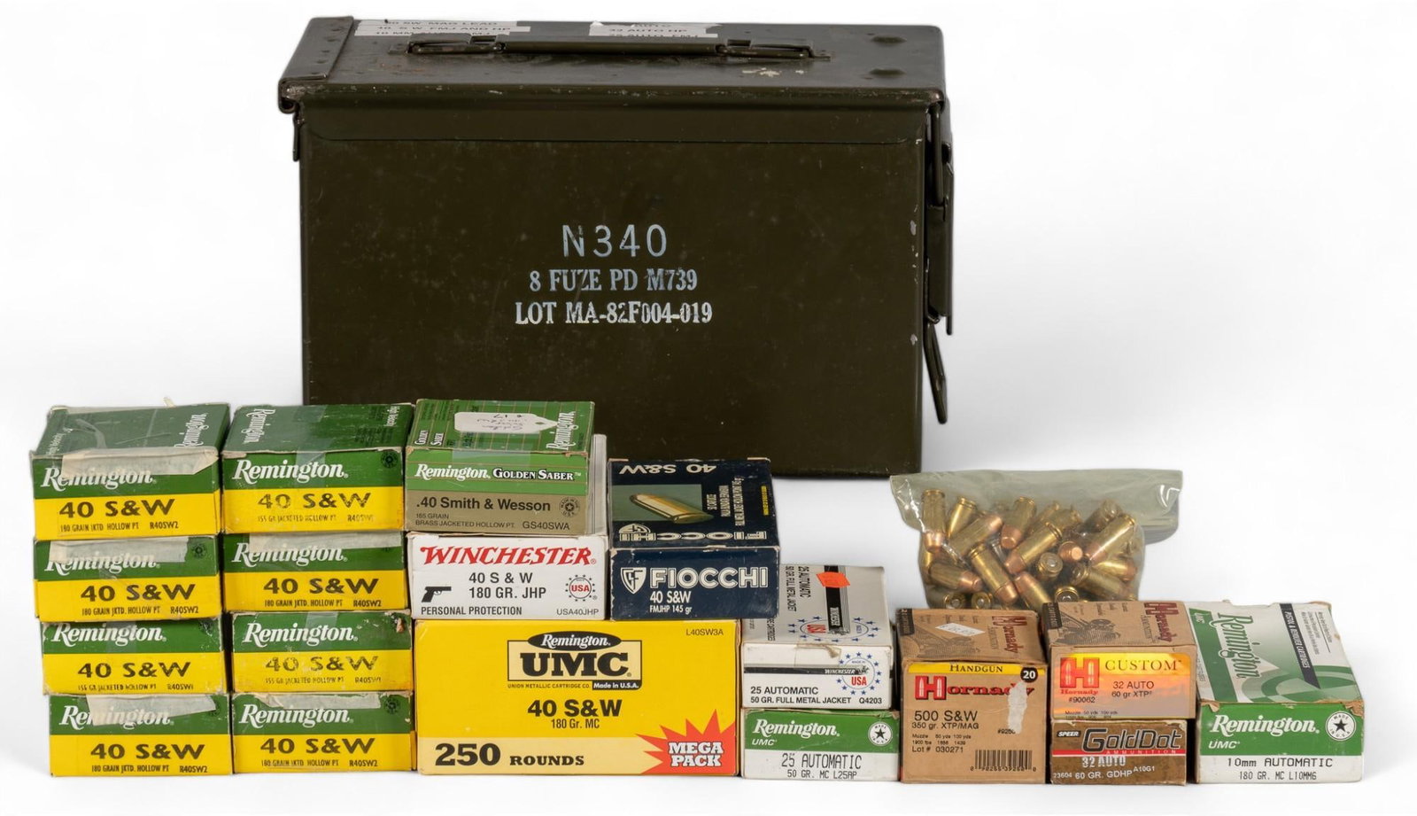 Approx. 890 Rounds of Mixed Handgun Ammunition: Includes: -175 rds of Remington 40 S&W 180gr. JHP -25 rds of Remington Golden Saber 40 S&W 165gr. JHP -250 rds of Remington UMC 40 S&W 180gr. MC -50 rds of Winchester 40 S&W 180gr. JHP