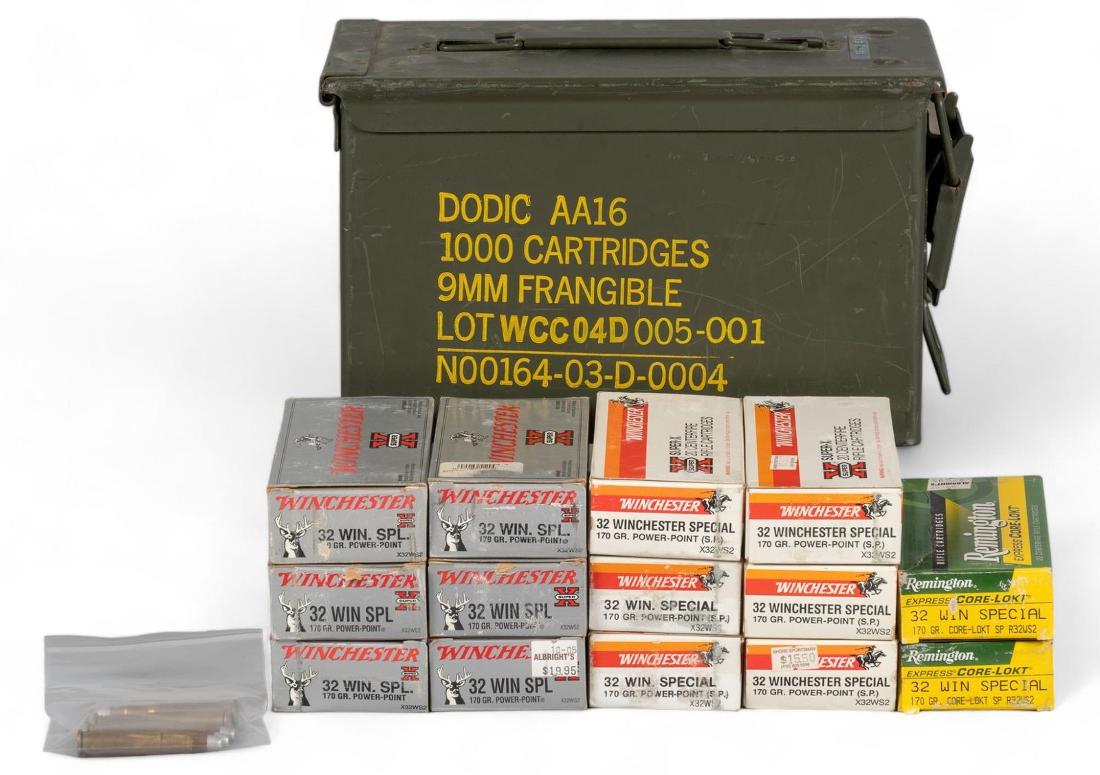 Lot of 285 Rds 32 Winchester Special Ammunition: Includes: -40 rds Remington Core-Lokt 32WS 170gr SP -120 rds Winchester Super-X 32WS 170gr Power-Point SP -120 rds Winchester Super-X 32WS 170gr Power-Point SP -5 loose rds Unknown 32WS likely Winches