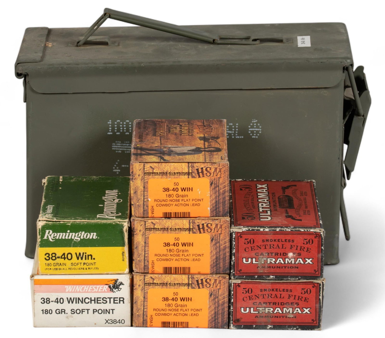 Lot of 232 Rds of Mixed 38-40 Ammunition: Includes: -135 rds HSM Cowboy Action 38-40 180gr RNFP -47 rds Winchester Super-X 38-40 180gr SP -50 rds Remington 38-40 High Velocity 180gr SP -100 rds Ultramax 38-40 180gr RNFP Provenance: A San Anto