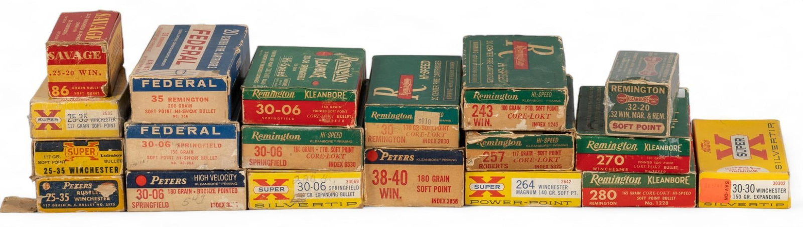 Collection of Vintage Ammunition & Boxes: Includes: -Remington 32-20 Win. 50rd UMC Kleanbore Green & White box sealed in plastic (labeled "37" likely only 37 live cartridges) -Savage 25-20 Win. 50rd Red & Yellow box -Remington