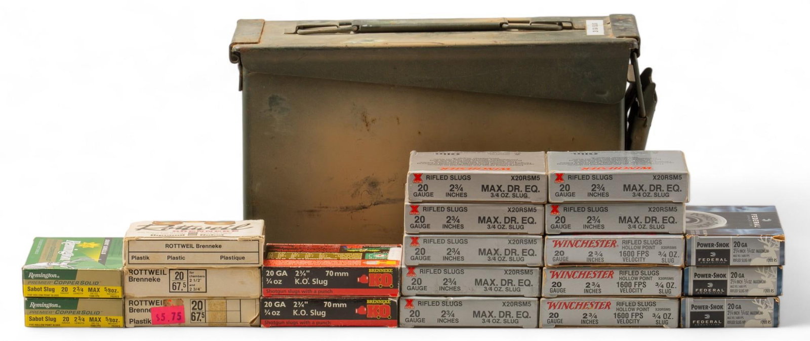 100 Rounds of Mixed 20 Gauge Slugs Ammunition: Includes: -50 rds of Winchester Super-X 2.75 in. .75oz Rifled Slugs HP -15 rds of Federal Power-Shok 2.75 in. .75oz Rifled Slugs HP - 10 rds of Remington Premier Copper Solid 2.75 in. .625oz Sabot Slu