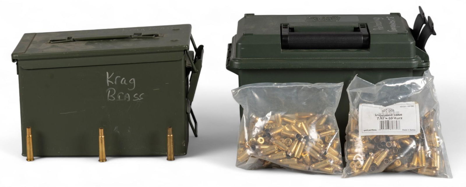 Lot of Reloading Dies & Brass: Includes: -(200 pcs) of PPU 7.92x33 Kurz unprimed brass casings -(200) Hornady 8mm Kurz 125gr HP GRAF projectiles -Approximately 200 unknown 8mm Kurz projectiles -Hornady 7.92x33 Kurz sizing die -Horn