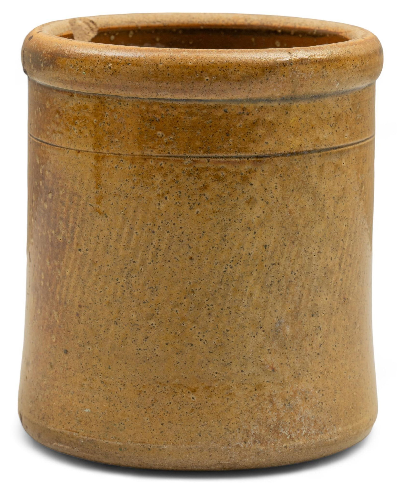 Leon Slip Glaze Small Crock: Leon slip glaze small crock, unmarked height 8 in. x width 7 in. x depth 7 in. Condition: Chip on rim Shipping available for this lot through our partner 4CL; please request a shipping quote at shippi