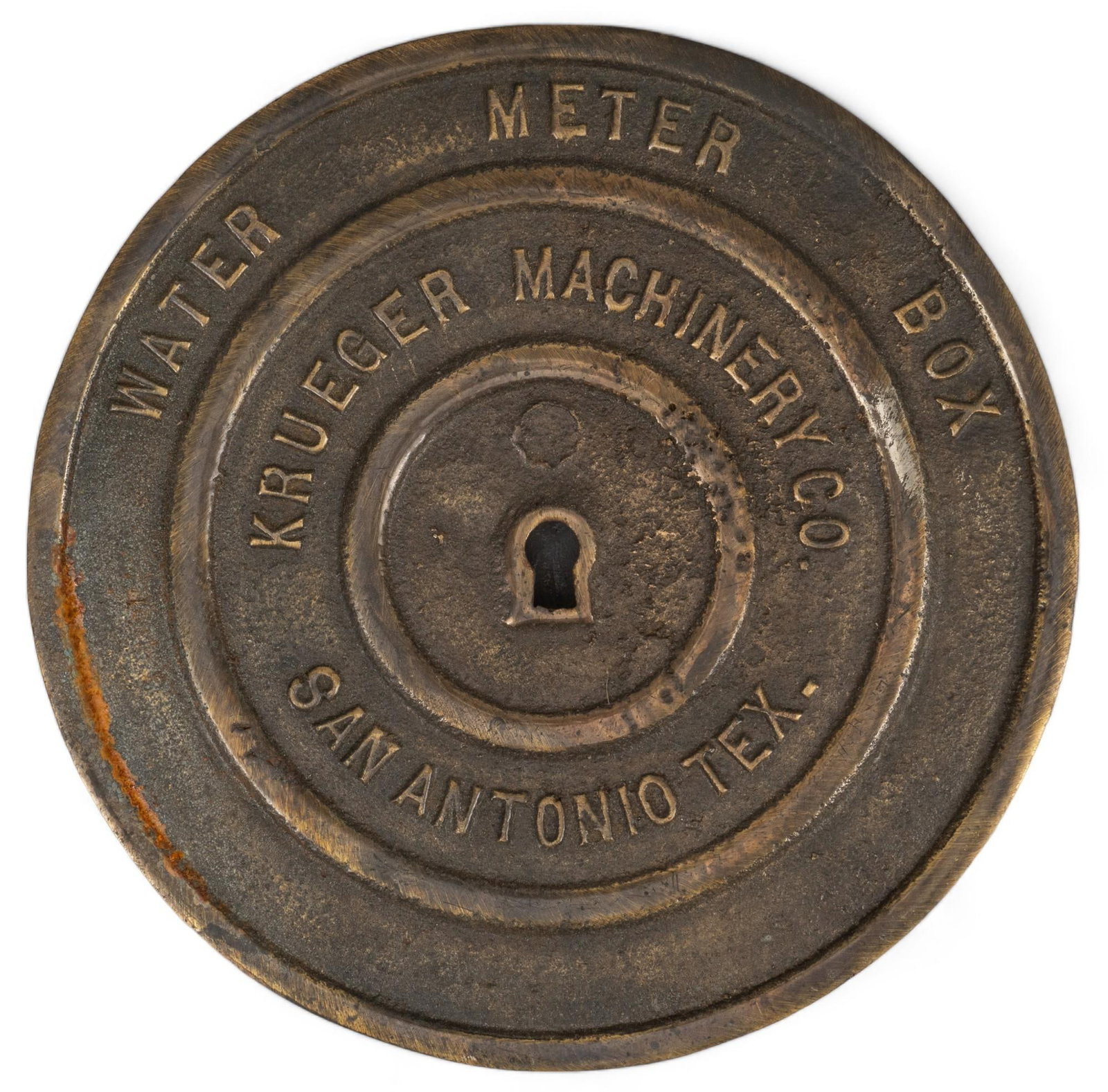 Kruger Machinery San Antonio, Texas Water Meter Cover: Kruger Machinery San Antonio, Texas water meter cover, brass height 2 in. x width 12 in. x depth 12 in. Shipping available for this lot through our partner 4CL; please request a shipping quote at ship