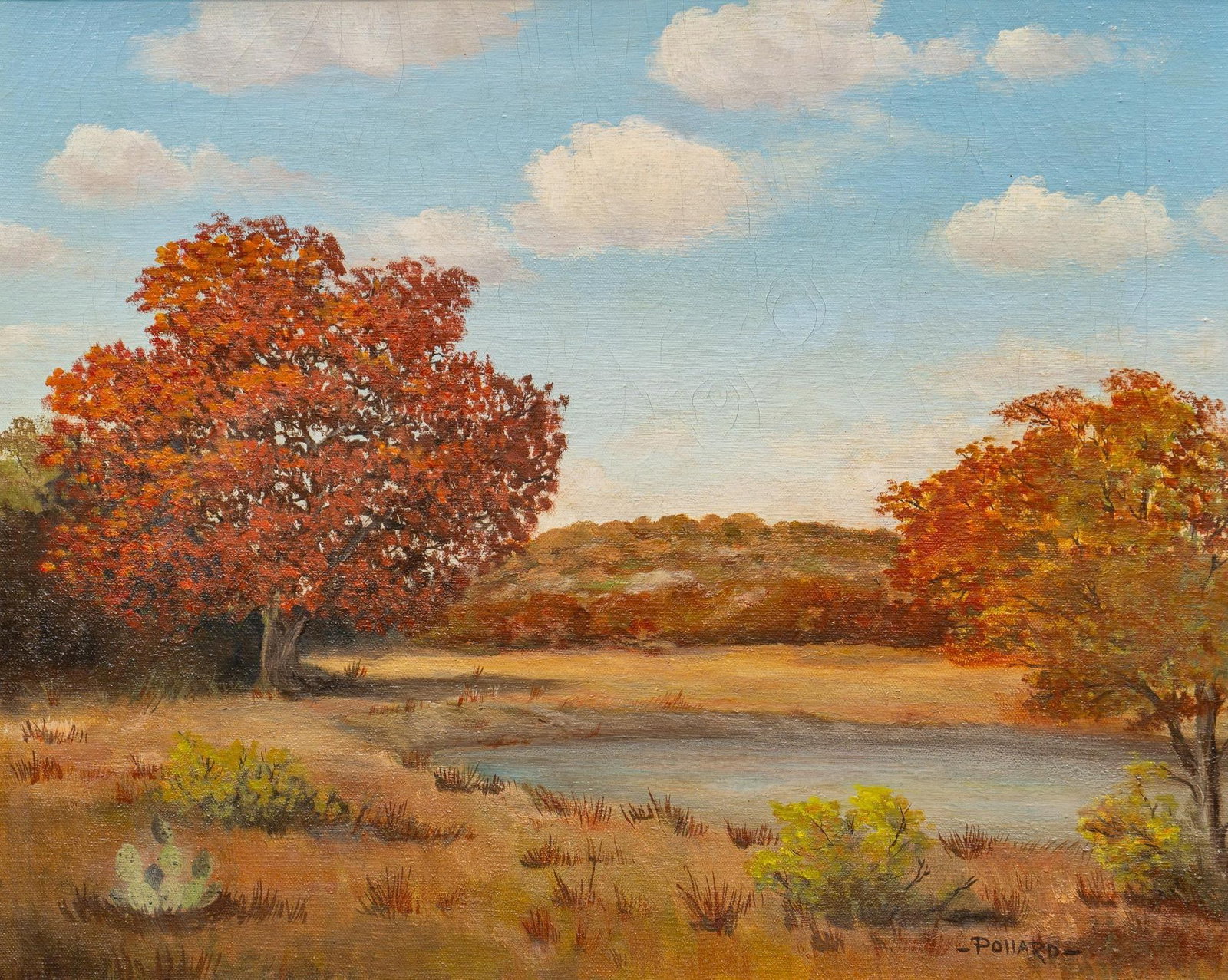 Jason L. Pollard, Hill Country Pond in Autumn: Jason L. Pollard, Hill Country pond in autumn, oil on canvas, personal inscription and windmill illustration on verso sight: 16 in. x 20 in., frame: 26.5 in. x 30.5 in. Provenance: Commissioned from t