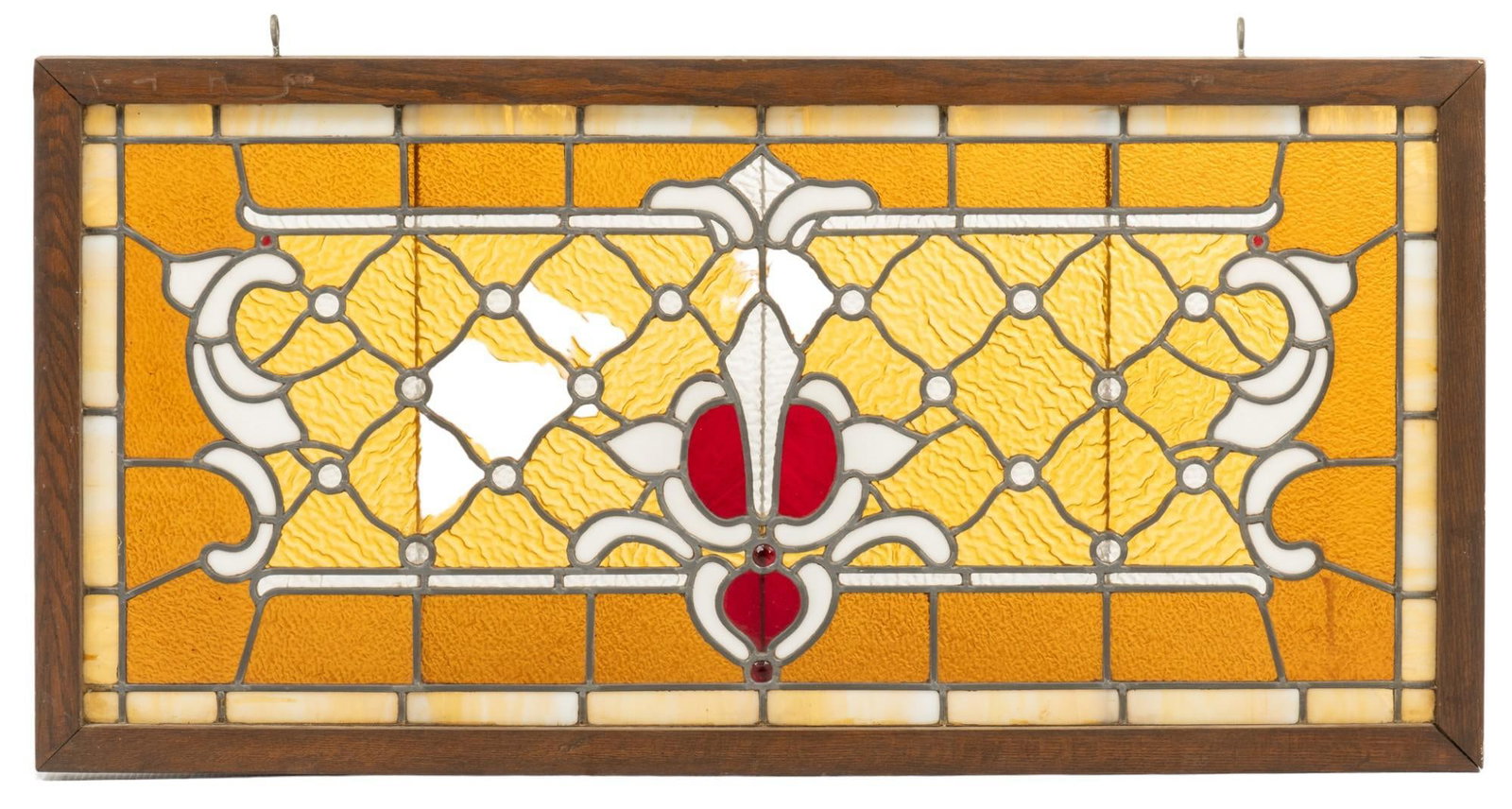 Stained Glass Window: Stained glass window, with brown, amber, white, and slag glass pieces, housed in wooden frame height 24 in. x width 48.5 in. x depth 2 in. Shipping available for this lot through our partner 4CL; plea