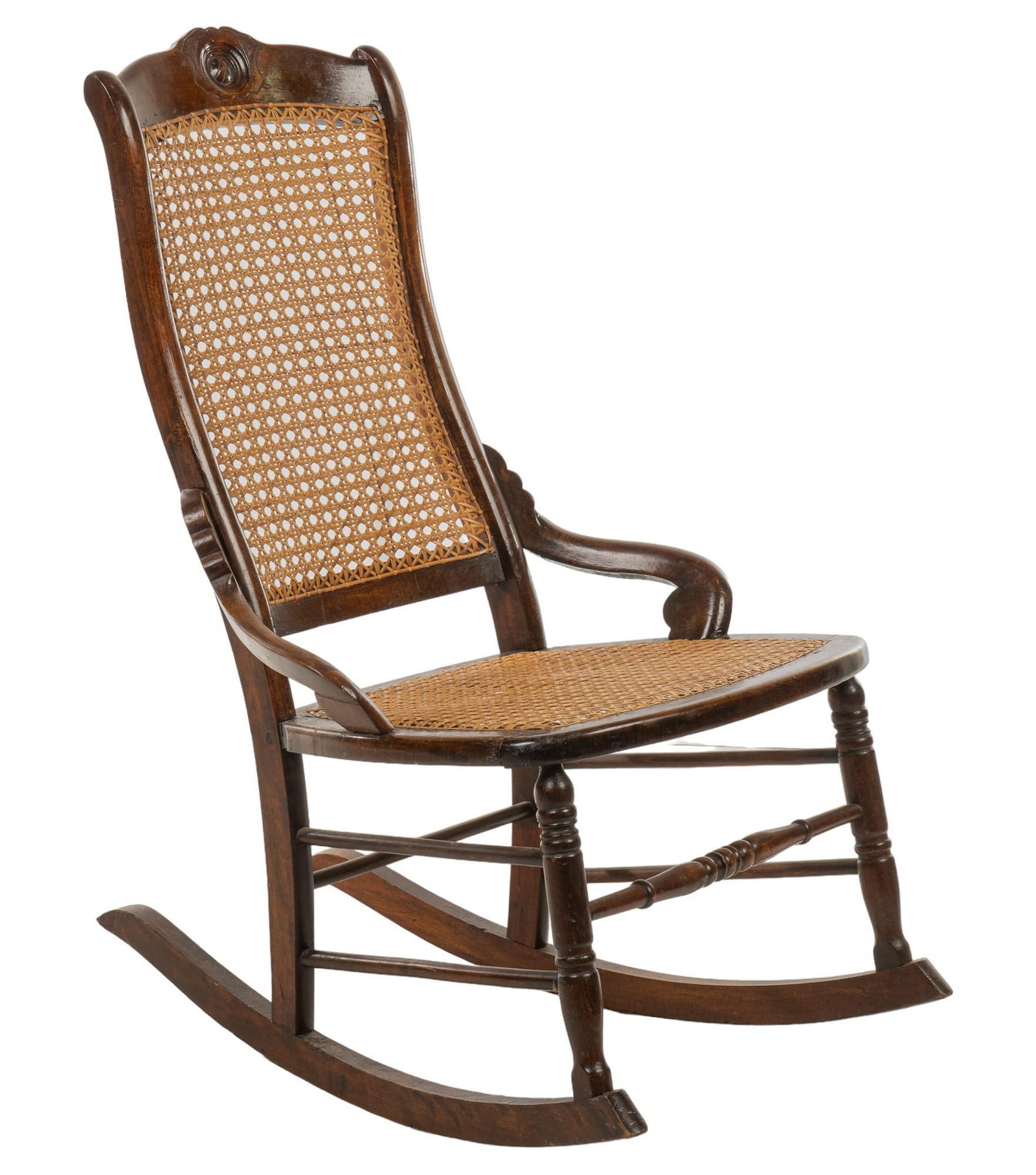 Cane Rocking Chair: Vintage wooden rocking chair featuring cane back and seat, with turned front stretcher height 37 in. x width 19 in. x depth 36 in. Shipping available for this lot through our partner 4CL; please reque
