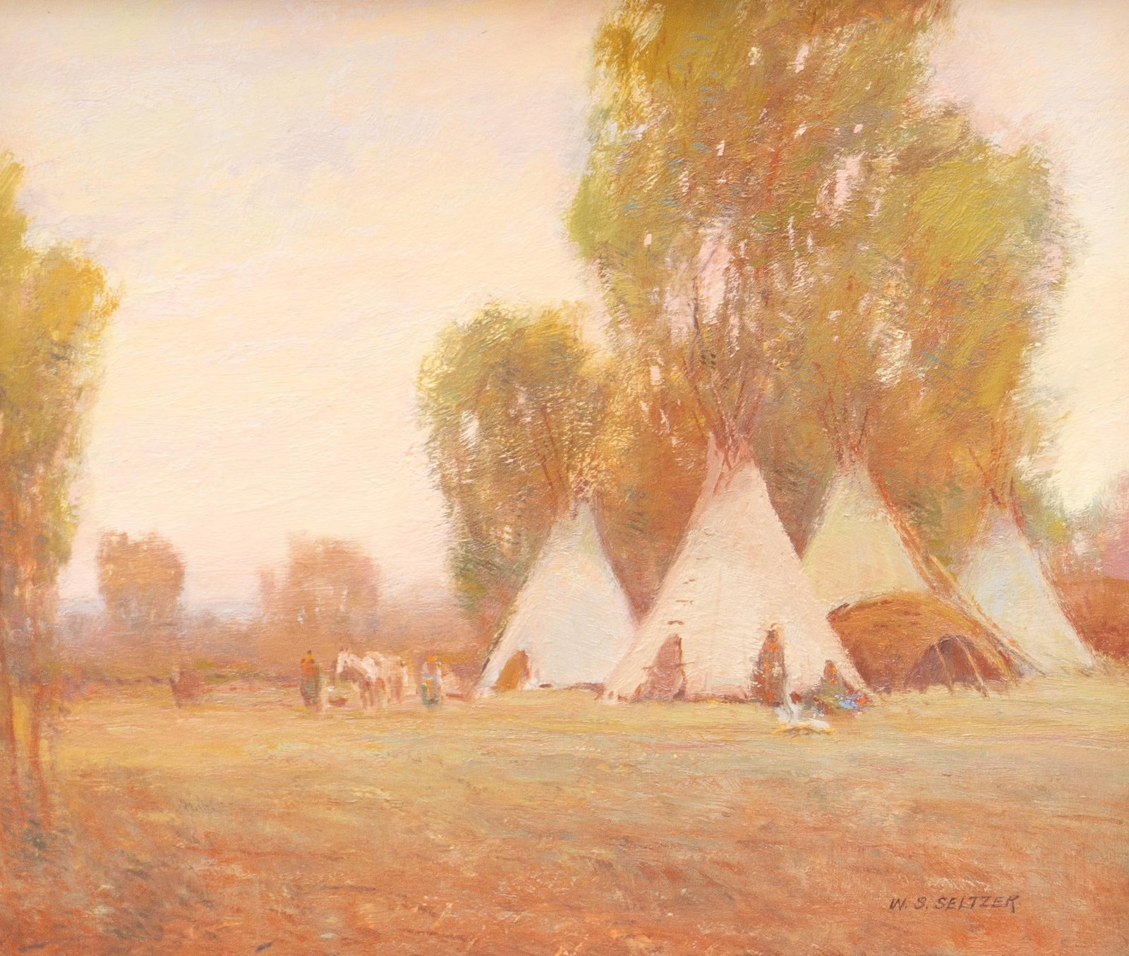 W. Steve Seltzer, Camp at Dawn: W. Steve Seltzer (b. 1945), Camp at Dawn, oil on board sight: 12 x 14 in., frame: 21.5 x 23.5 in. Shipping available for this lot through our partner 4CL; please request a shipping quote at shipping&#