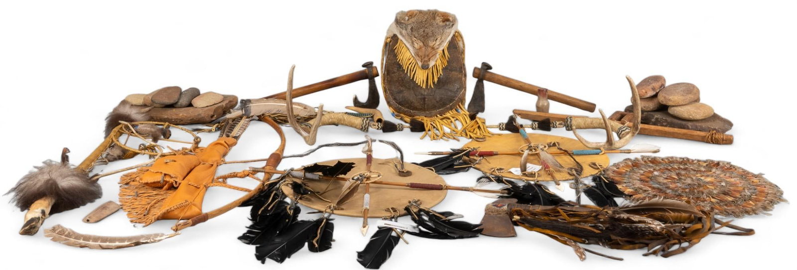 Large Collection of Native American & Native American Style Objects: Large collection of Native American and Native American style objects, featuring two (2) hand made tin axes with leather, feathers, and bead work, includes certificate of authenticity marked "Moun