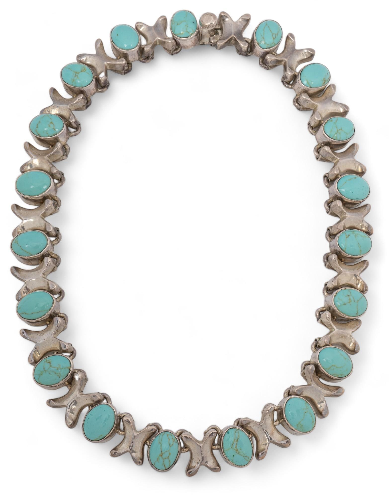 Mexican Sterling Silver and Turquoise Necklace: Mexican sterling silver and turquoise necklace featuring oval inlaid turquoise stones with "X" shaped silver beads, marked "925 Mexico"Length: 16 in. Total weight: 5.95 ozt Shipping available for this