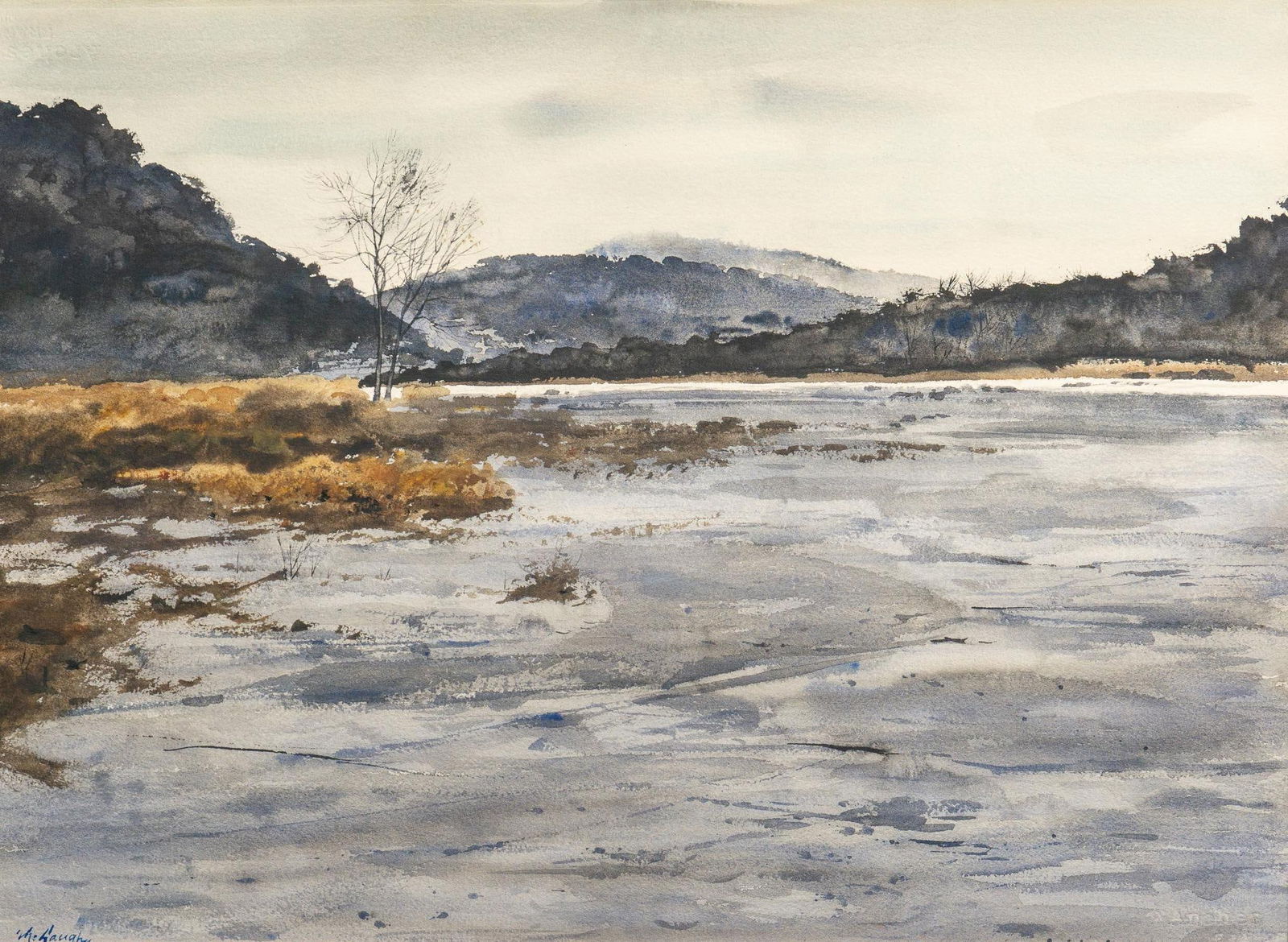 Clay McGaughy, "Portrait of a River": Clay McGaughy (Texas, 1931-2021), "Portrait of a River", watercolor on artist paper sight: 12 x 16 in., frame: 21.5 x 15.5 in. Shipping available for this lot through our partner 4CL; please