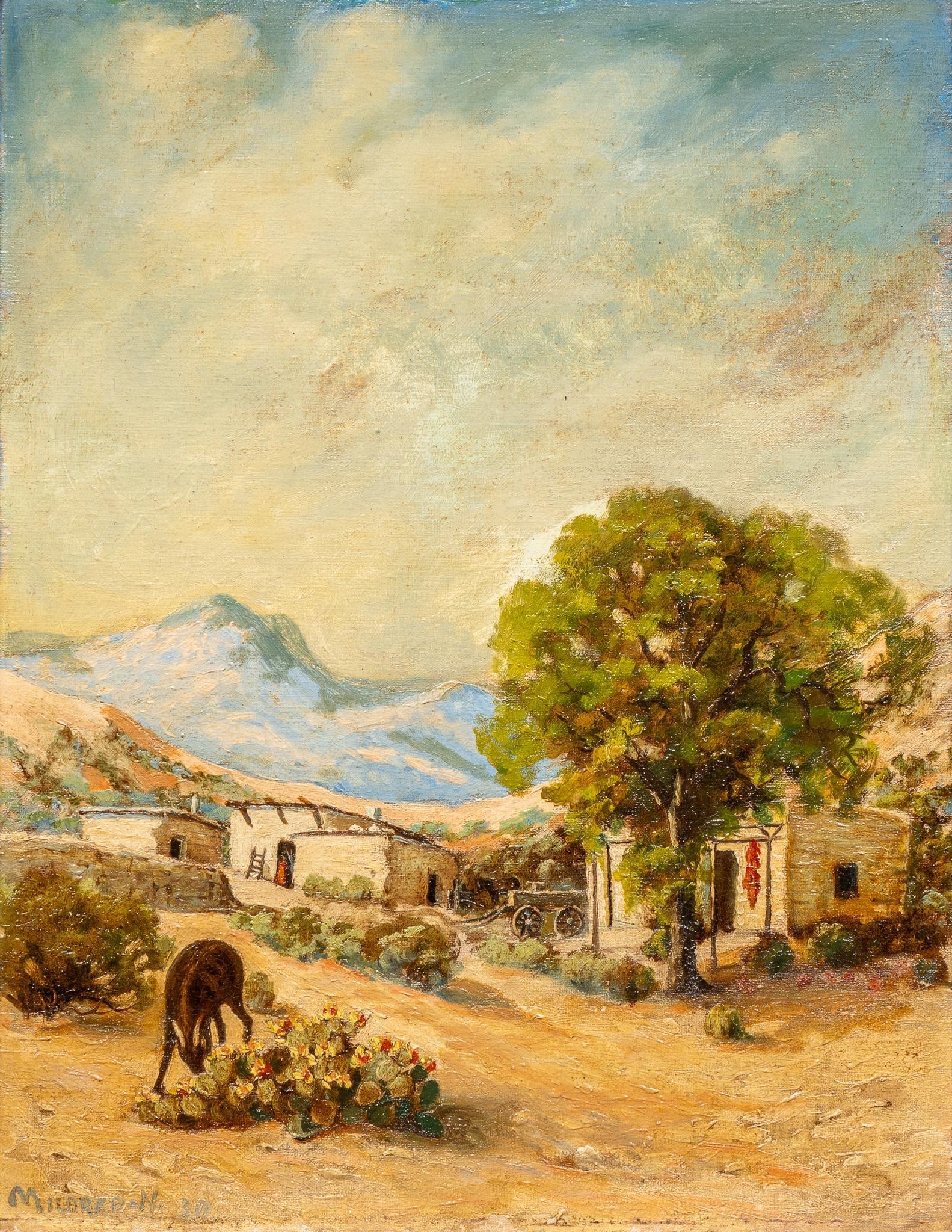Mildred Nelly, Goat and Hacienda: Mildred Nelly, hacienda with goat and cactus, oil on canvas sight: 14 in. x 18 in., frame: 25.5 in. x 21.5 in. Shipping available for this lot through our partner 4CL; please request a shipping quote 