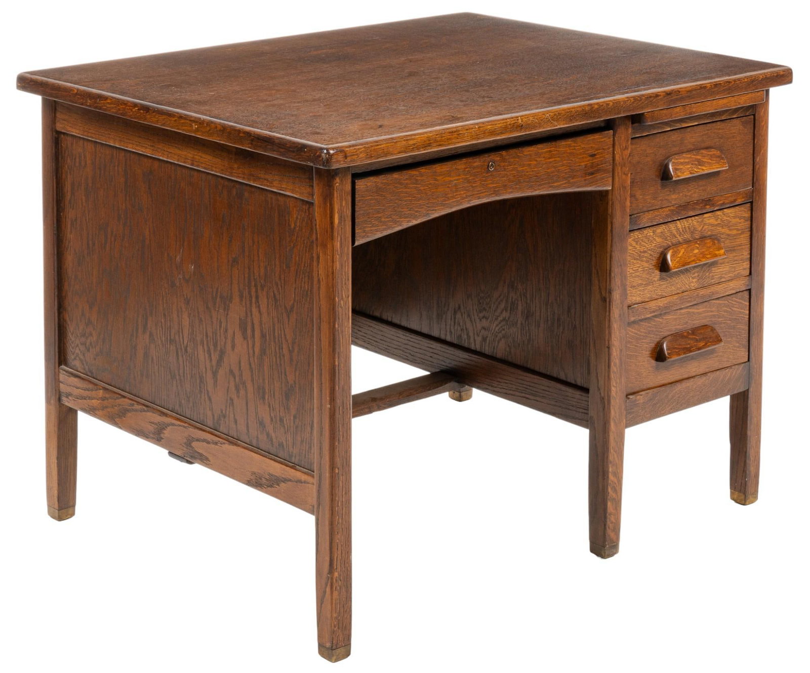 Wooden Writing Desk: Wooden writing desk featuring three drawers with wooden pulls, open area underneath for chair and small drawer height 31 in. x width 42 in. x depth 32 in. Shipping available for this lot through our p