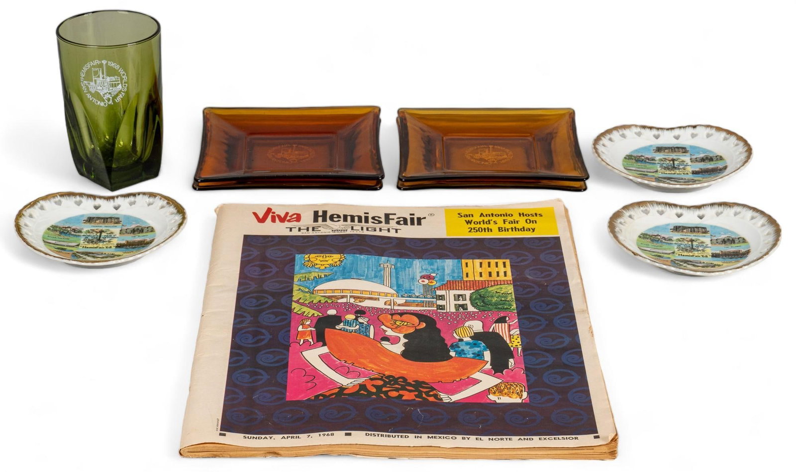 Collection of 1968 HemisFair Worlds Fair Dishes: Collection of 1968 HemisFair Worlds Fair park dishes with stamped logos includes one green glass, four amber glasses, three wall decor plates height 5 in. x width 3 in. / green glass Shipping availabl