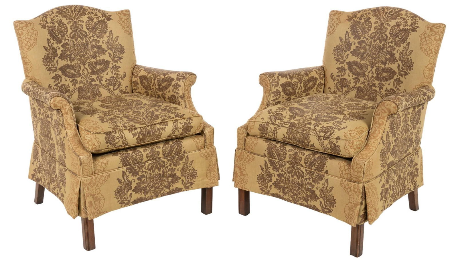 Pair of Armchairs: Pair of vintage armchairs with fabric upholstery with floral motif, supported on wooden block legs height 38 in. x width 30 in. x depth 28 in. Provenance: Property from the monumental lifetime coll