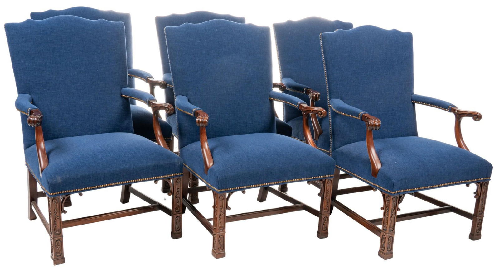 (6) Connoisseur (USA) Arm Chairs: Set of six Connoisseur (Hickory, North Carolina) arm chairs with wooden frame with carved and scrolled knuckle arms, blue fabric upholstery with metal rivet accents, supported on carved block legs wit
