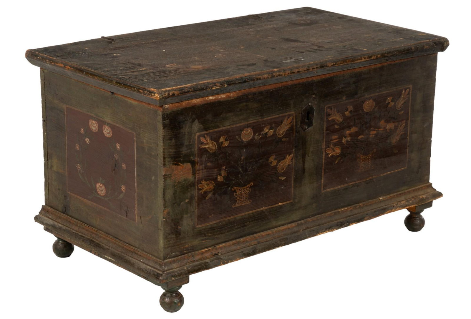 Painted Chest: Wooden chest with painted exterior featuring floral motifs, with hinged lid opening to internal storage, on bun feet height 22 in. x width 40 in. x depth 23 in. Shipping available for this lot through