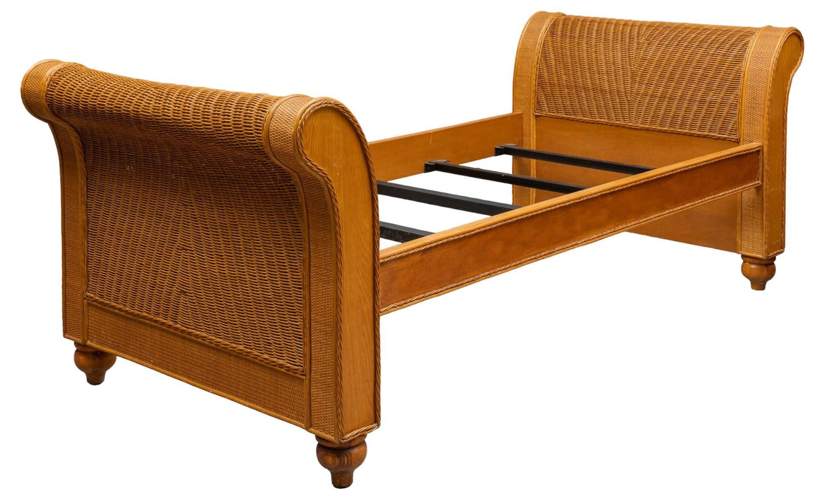 Twin Sized Bed Frame: Twin sized bed frame, with wood and rattan detailing, includes head and baseboards, with side railings height 36 in. x width 45 in. x depth 96 in. Shipping available for this lot through our partne