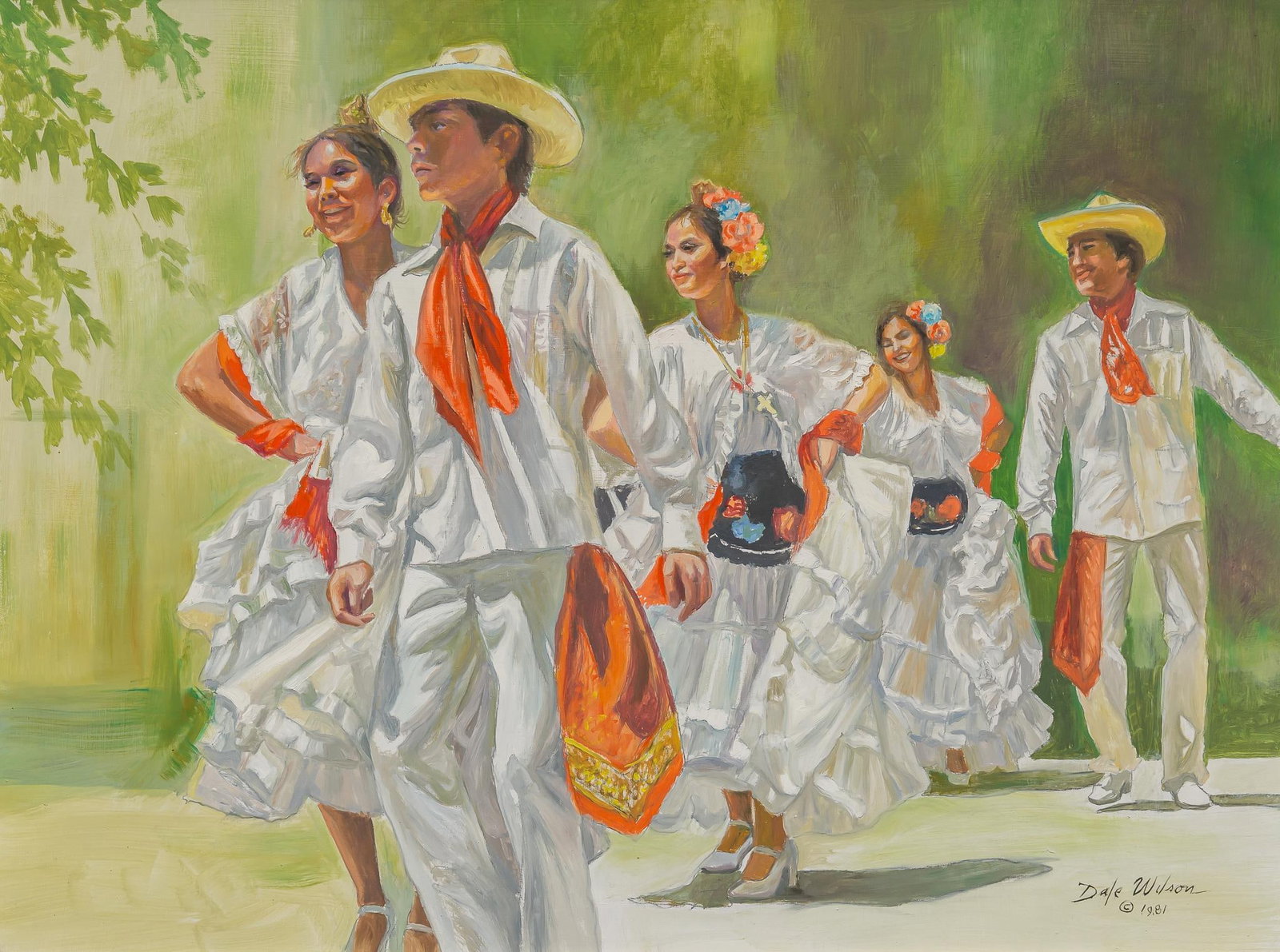Dale Wilson, "Folklorico Dancers", 1981: Dale Wilson, "Folklorico Dancers", 1981, oil on masonite sight: 18 x 24 in., frame: 26 x 32.5 in. Shipping available for this lot through our partner 4CL; please request a shipping quote at shipping@v