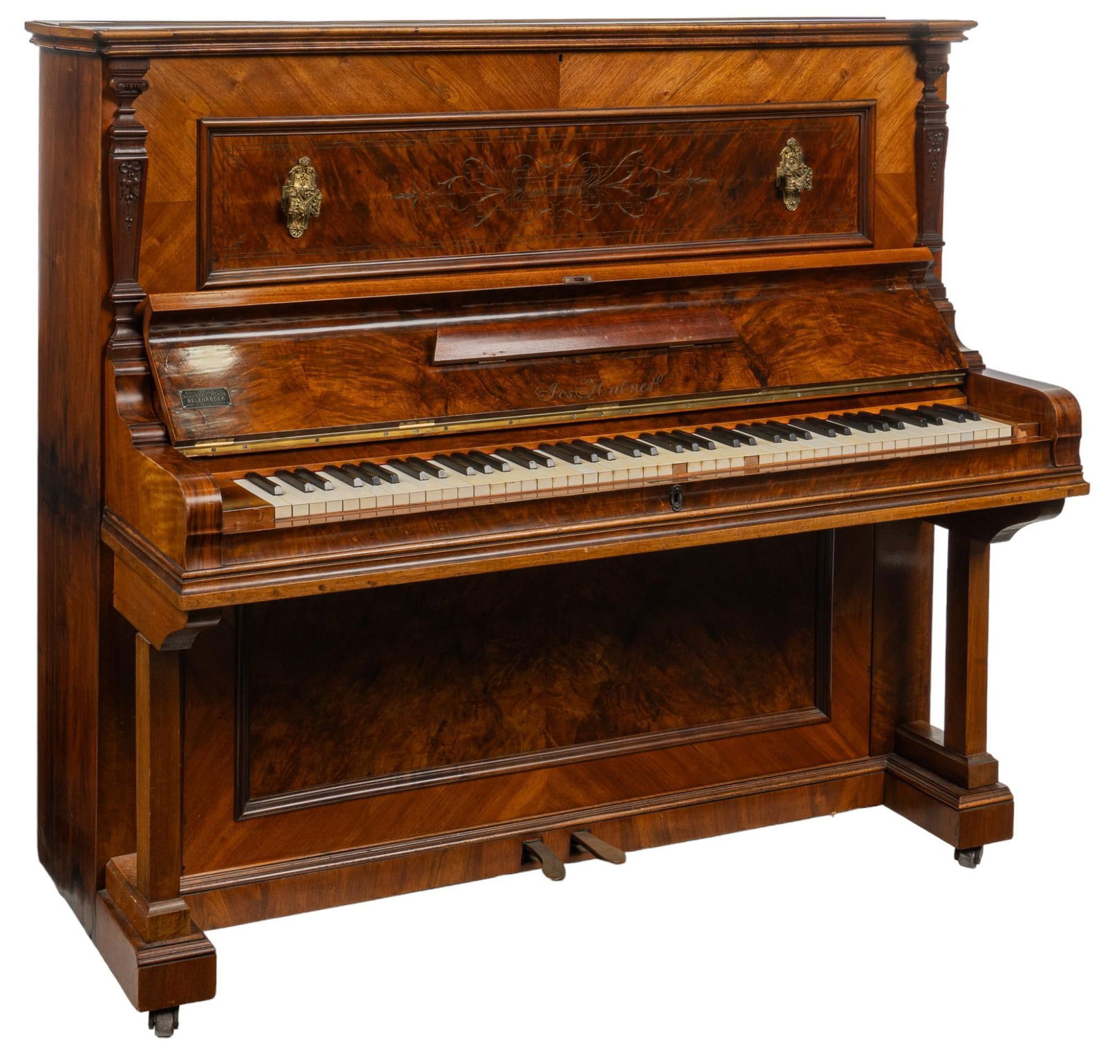 German Piano: German piano, polished wood, with carved accents, marked with small metal plaque that translates to read "A-U Sale of Pianos, Piano Belehradek, Vienna VII. Mechitaristengasse 4" height 51.5