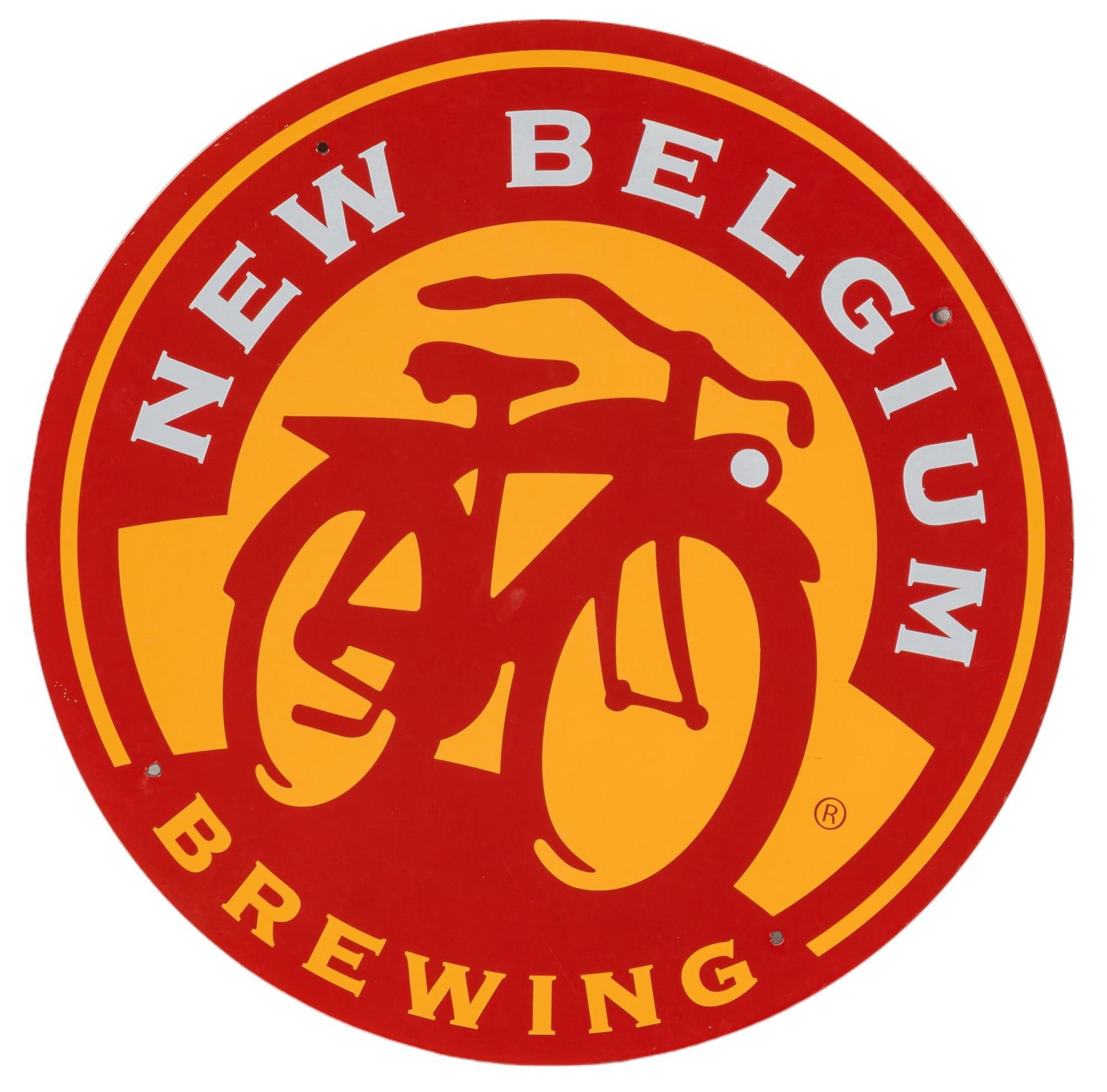 New Belgium Brewing Company Sign: New Belgium Brewing company sign, metal red and orange sign with motorcycle image 24 in. diameter Shipping available for this lot through our partner 4CL; please request a shipping quote at shipping&#