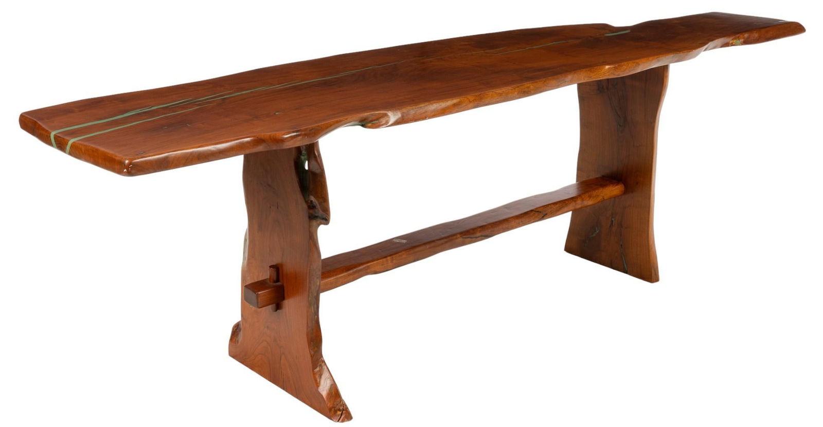 Live Edge Entry Table: Wooden entry table featuring live edge top with turquoise inlay, supported on planar legs with thick stretcher height 31 in. x width 97 in. x depth 24 in. Shipping available for this lot through o