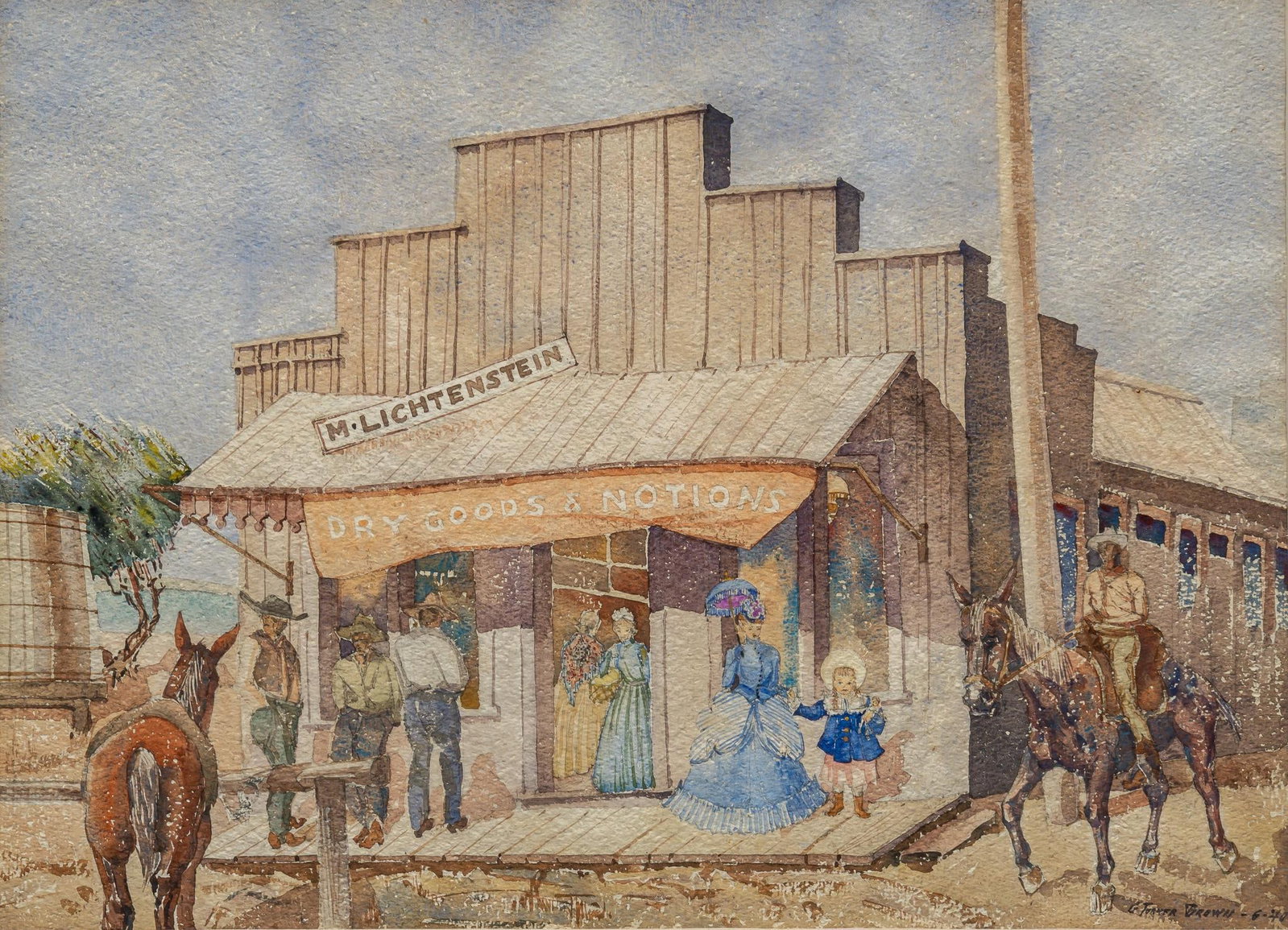 G. Turner Brown, Lichtenstein Grocery Story, 1940: G. Turner Brown (Corpus Christi, Texas), Lichtenstein Grocery Store (Corpus Christi, Texas), 1940, watercolor on artist paper sight: 20 x 27 in., frame: 30 x 36 in. Shipping available for this lot thr