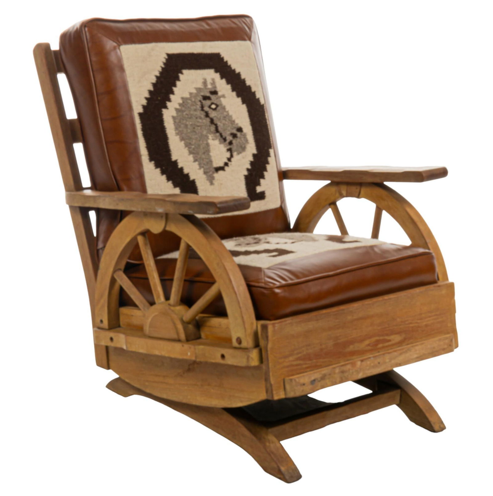 Vintage Wooden Wagon Wheel Rocking Chair with Leather Upholstery (1 of 9)