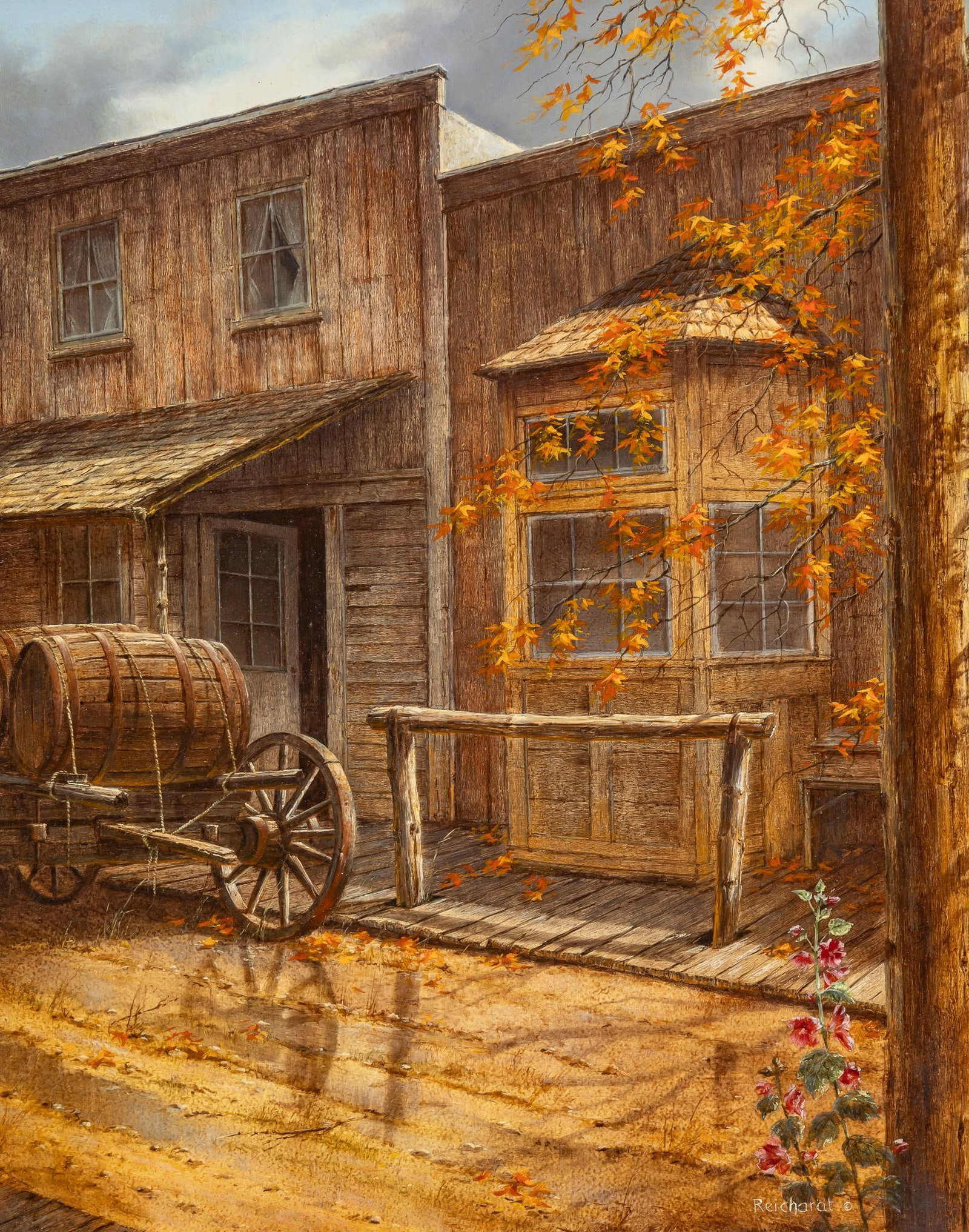 Rudi Reichardt, "Street in the Old West, Cottonwood": Rudi Reichardt (Canada, b. 1929), "Street in the Old West, Cottonwood", 1988, oil on masonite sight: 20 in. x 16 in., frame: 28.5 in. x 24.5 in. Shipping available for this lot through our par