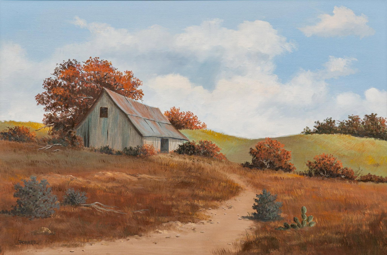 Jason L. Pollard, Texas Barn in Autumn: Jason L. Pollard, Texas barn in autumn, oil on canvas sight: 24 in. x 36 in., frame: 31.5 in. x 43.5 in. Shipping available for this lot through our partner 4CL; please request a shipping quote at shi