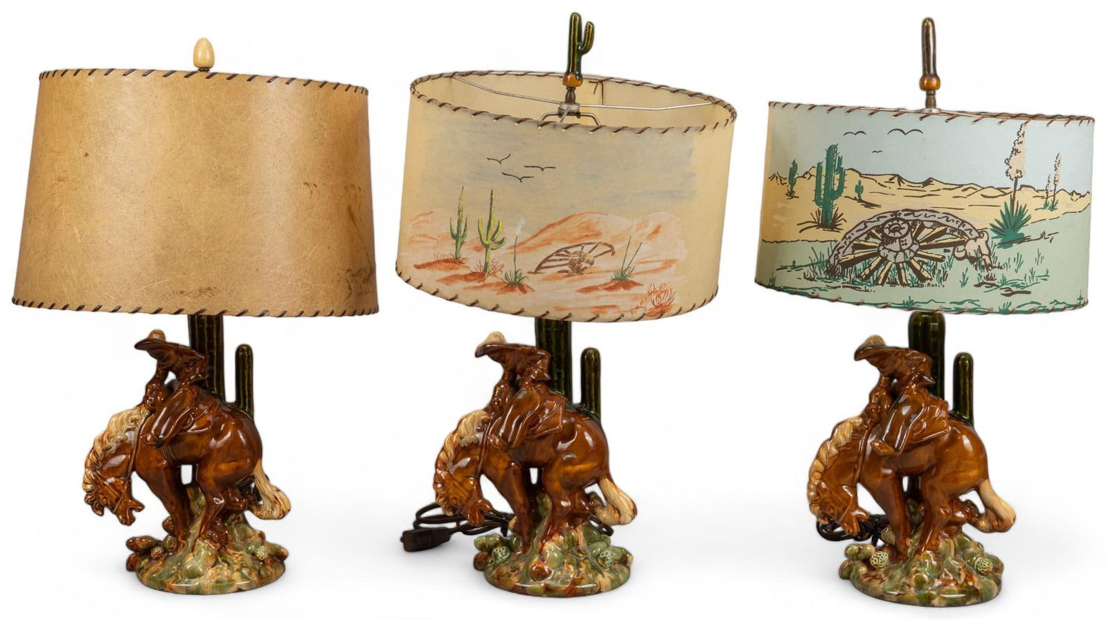Set of (3) Vintage Glazed Ceramic Lamps with Painted Shades (1 of 9)