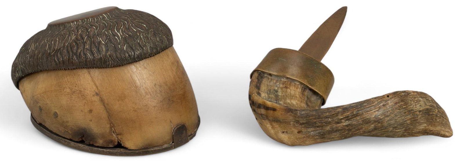 Animal Hoof Paper Weight and Horn Letter Opener: Animal hoof paper weight and horn letter opener height 3.25 in. x width 5.5 in. x depth 4 in. / letter opener Provenance: Property of a San Antonio, Texas gentleman Shipping available for this lot thr