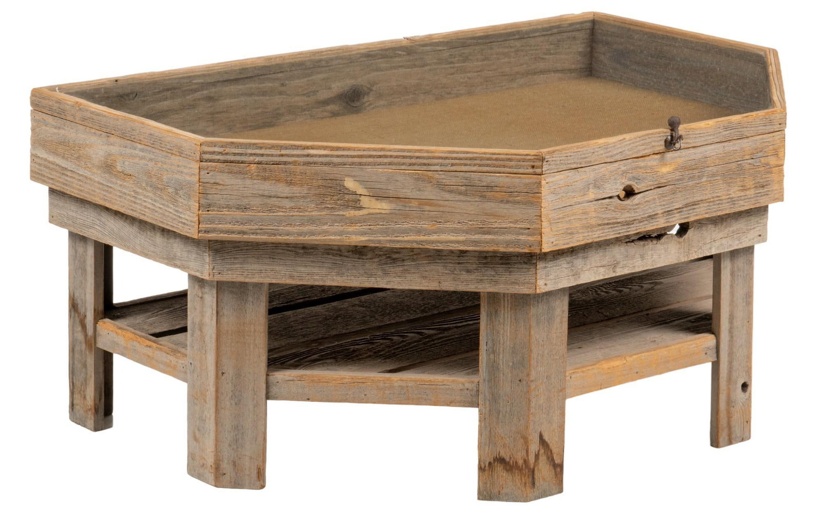 Rustic Specimen Table: Rustic specimen table, primitive unfinished wooden frame, angled top supported on four stretchered legs with shelf, hinged glass top height 19 in. x width 43 in. x depth 29 in. Provenance: Property fr
