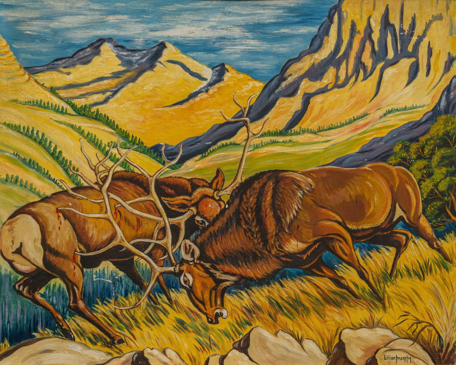 Lillian May Murphy, Elk Locking Antlers: Lillian May Murphy (Colorado / New Mexico, 1926-1940), male elk locking antlers, oil on masonite sight: 24 x 30 in., frame: 31.5 x 38 in. Lillian May Murphy lived a short but eventful life, and learne