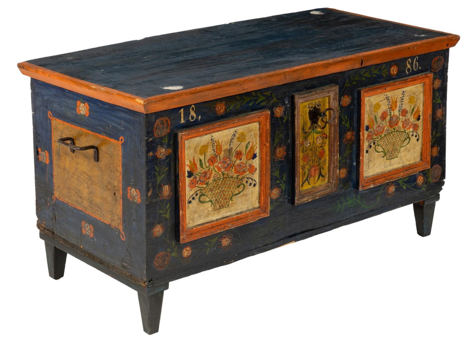 Painted Trunk: Wooden trunk with hinged lid opening to interior storage, with painted exterior featuring floral motifs throughout, with paneled details, and metal handles, supported on tapering block legs height 25 