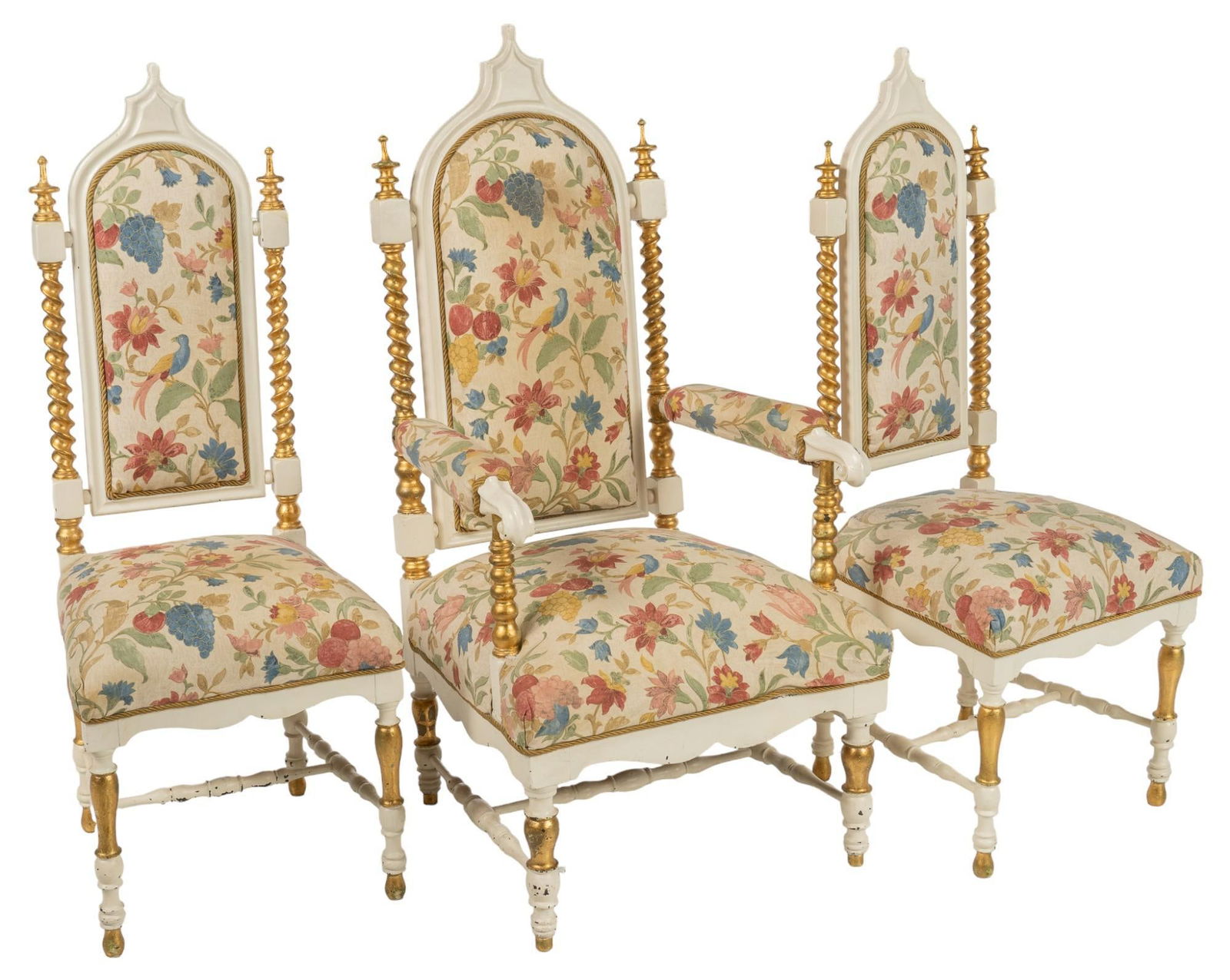 (3) Decorative Chairs: Three decorative chairs featuring wooden frame, backrests with peaking crests, gold twist accents, and floral fabric upholstery, over cushioned seat, on turned legs with H-frame stretcher, with gold a