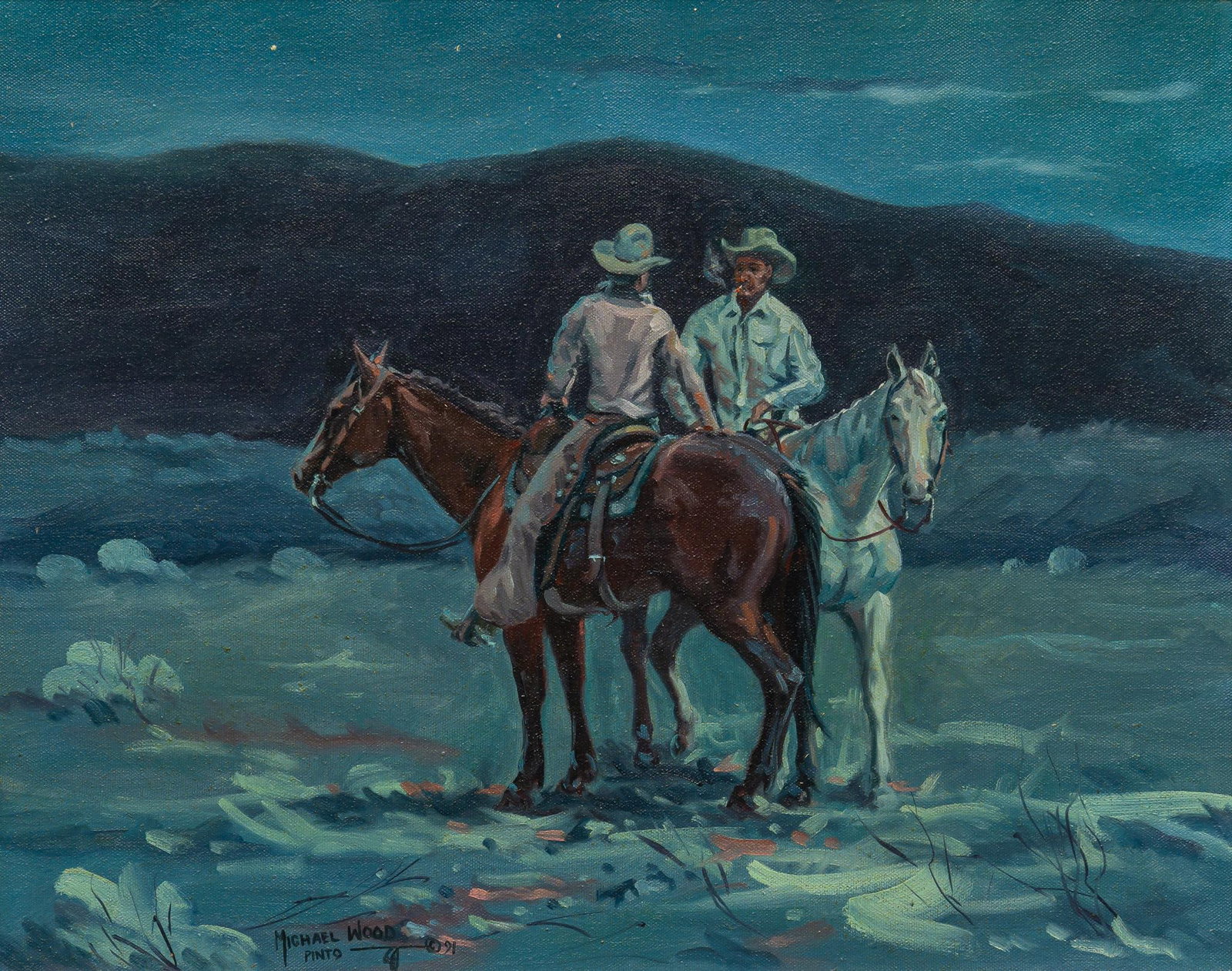 Michael Wood, Cowboys at Night, 1991: Michael Wood, cowboys smoking and talking during the night watch, 1991, oil on canvas height 26 in. x width 30 in. Shipping available for this lot through our partner 4CL; please request a shipping qu