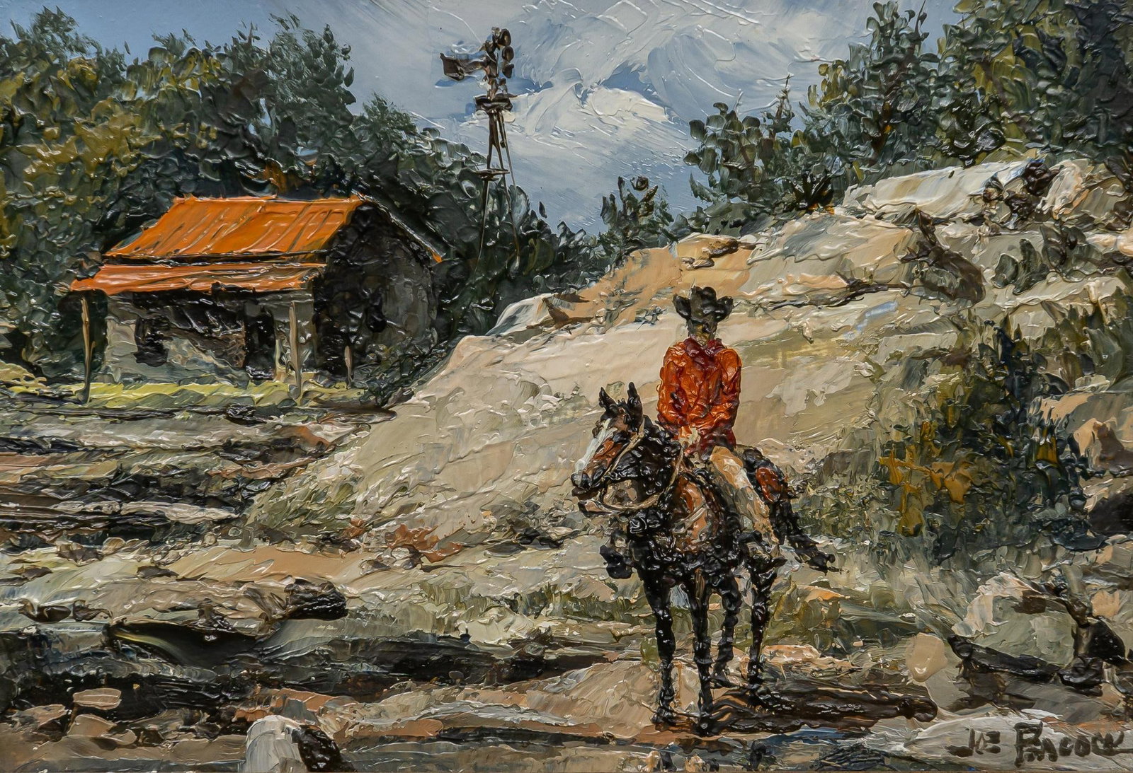 Joe Peacock, Cowboy and Windmill: Joe Peacock, cowboy and windmill, oil on masonite sight: 5 x 7 in., frame: 10.5 x 12.5 in. Shipping available for this lot through our partner 4CL; please request a shipping quote at shipping@vogt