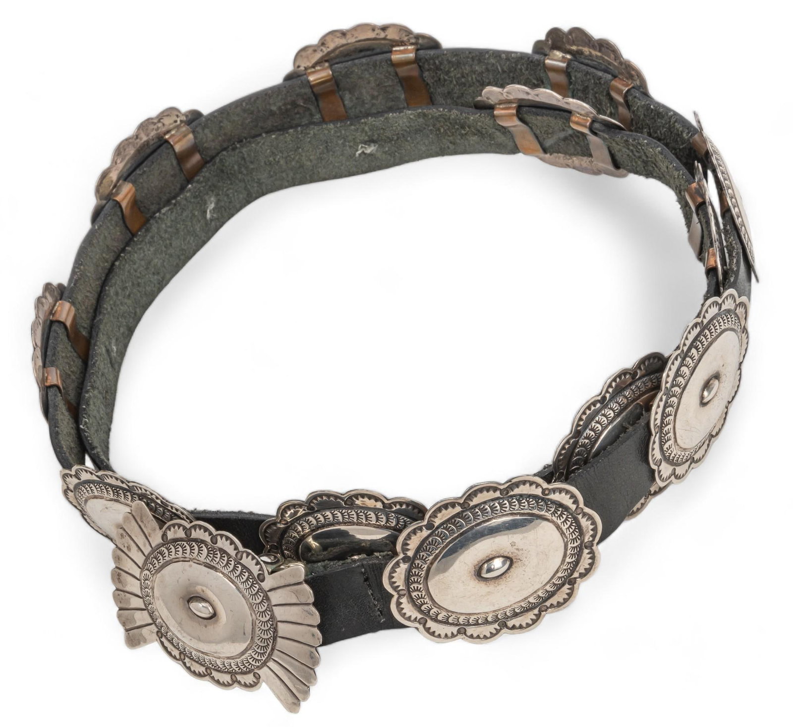 Sterling Silver Concho Belt: Sterling silver concho belt with thirteen conchos, marked "Sterling" Length: 46 in. Provenance: Property from the collection of a San Antonio, Texas gentleman Shipping available for this lot t