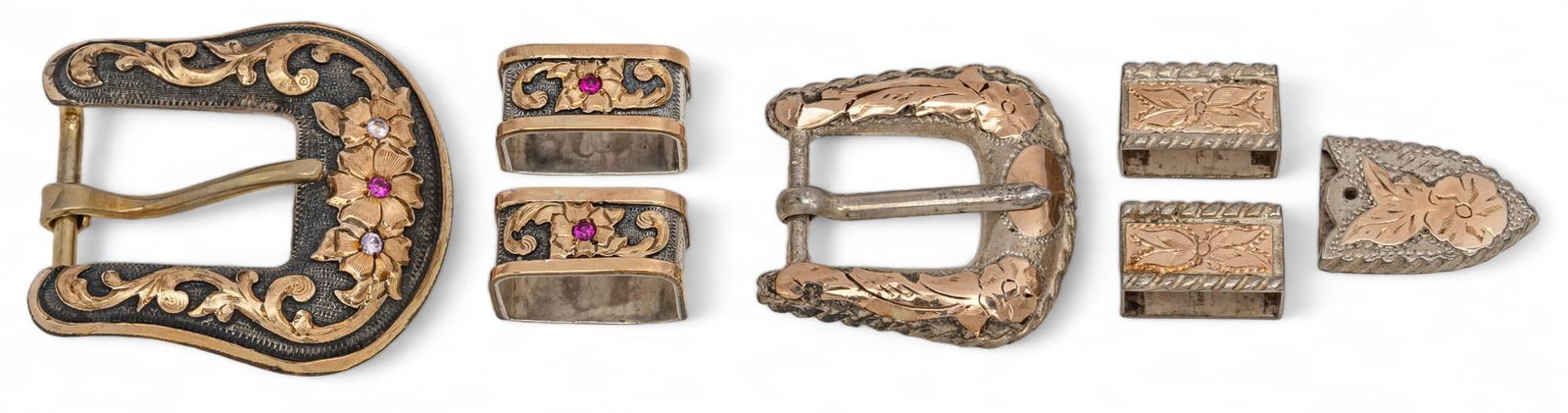 (2) Sets Of Vintage Silver and Inlaid Stone Belt Buckles and Accessories (1 of 7)