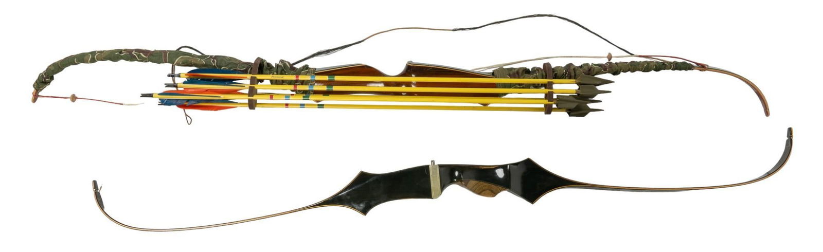Pair of Recurve Bows: Pair of recurve bows; unknown & Ben Pearson Silencer TD height 60 in. x width 5 in. Provenance: Property from the monumental lifetime collection of a distinguished Dallas, Texas business leader
