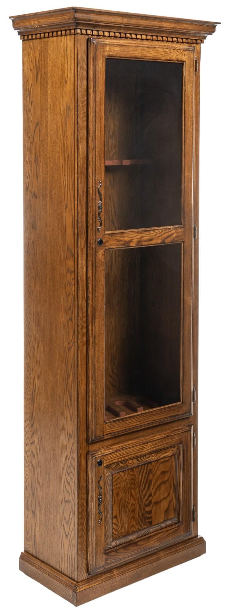 Gun Cabinet: Wooden gun storage / display cabinet with glass door opening to interior storage equipped to store five rifles, over small cabinet door opening to interior storage with single shelf height 74.5 in. x