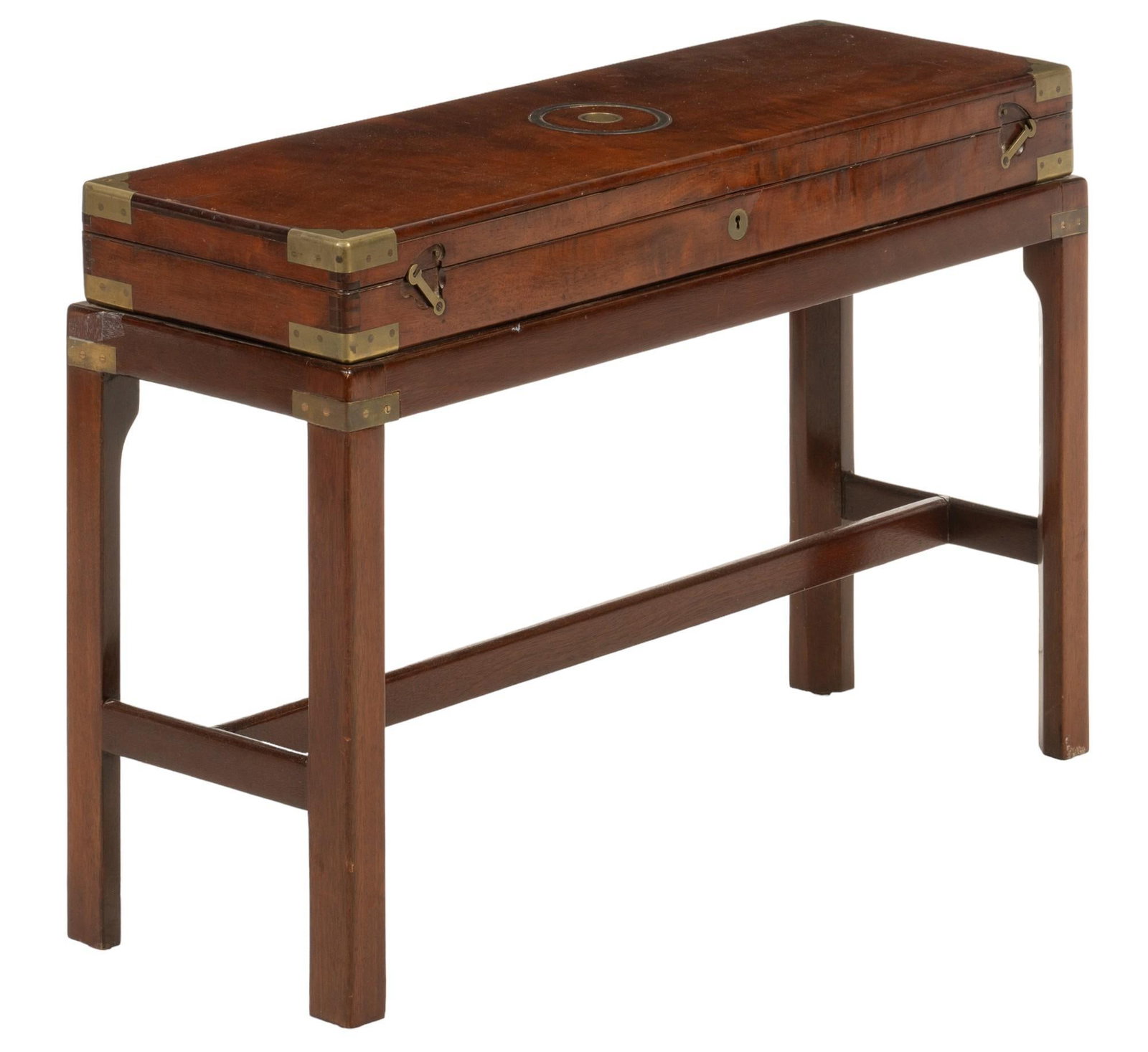 Antique Edward Paton and Son (ENG) Firearm Case: Antique wooden Edward Paton and Son (English) firearm storage box, featuring hinged lid that opens to interior storage, with aged manufacturer's paper label, on stand with block legs, condition co